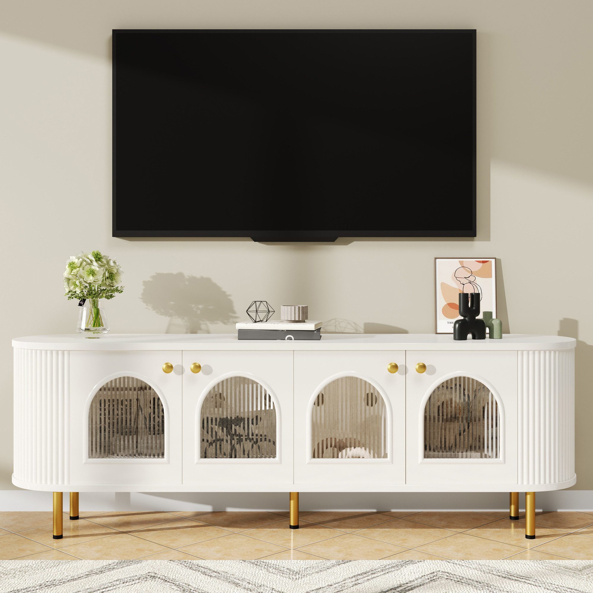 Celya TV-Schrank TV-Schrank mit Glastür, TV-Möbel mit Schubladen, Gewölbte lowboard (goldene Griffe und Beine) praktische Aufbewahrungsmöbel fürs Wohnzimmer