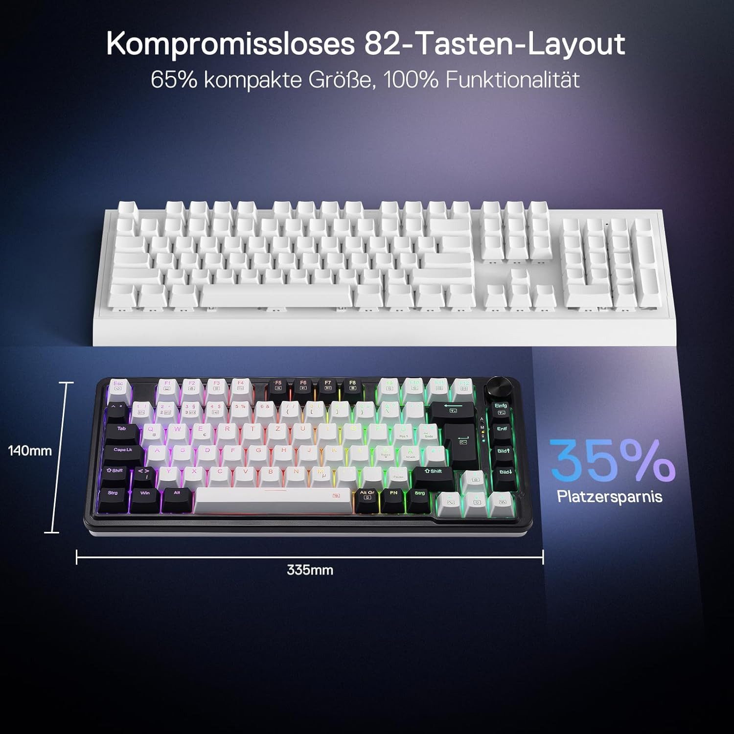 Redragon DE Layout, RGB, 2.4GHz/BT/Wired, Red Switches, Schwarz & Weiß Gaming-Tastatur (Hintergrundbeleuchtung, Hot-Swap-fähig, Programmierbare Tasten)