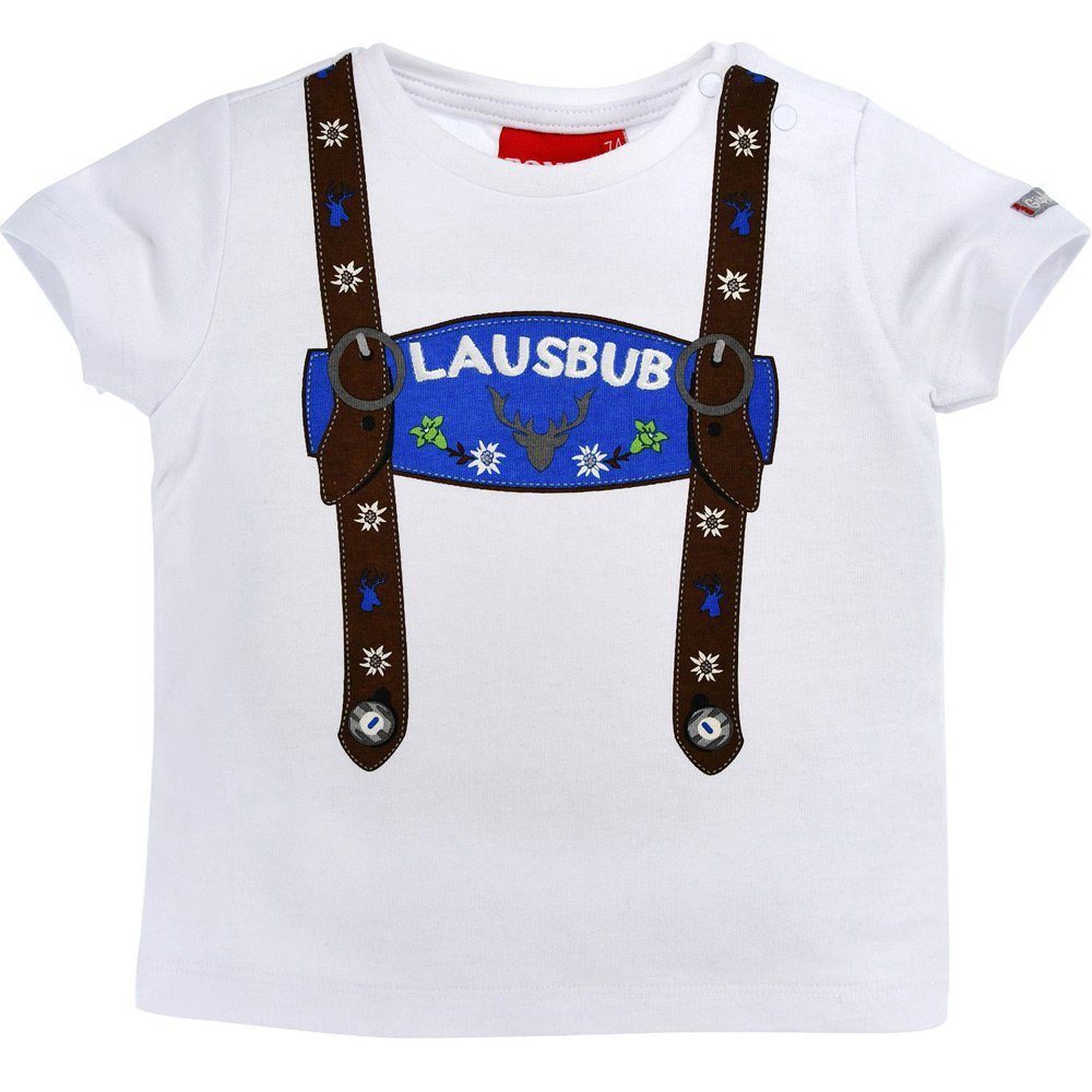 BONDI Trachten Shirt Baby Jungen Blau Hosenträger T-Shirt "Lausbub" 91325, Kurzarm Weiß