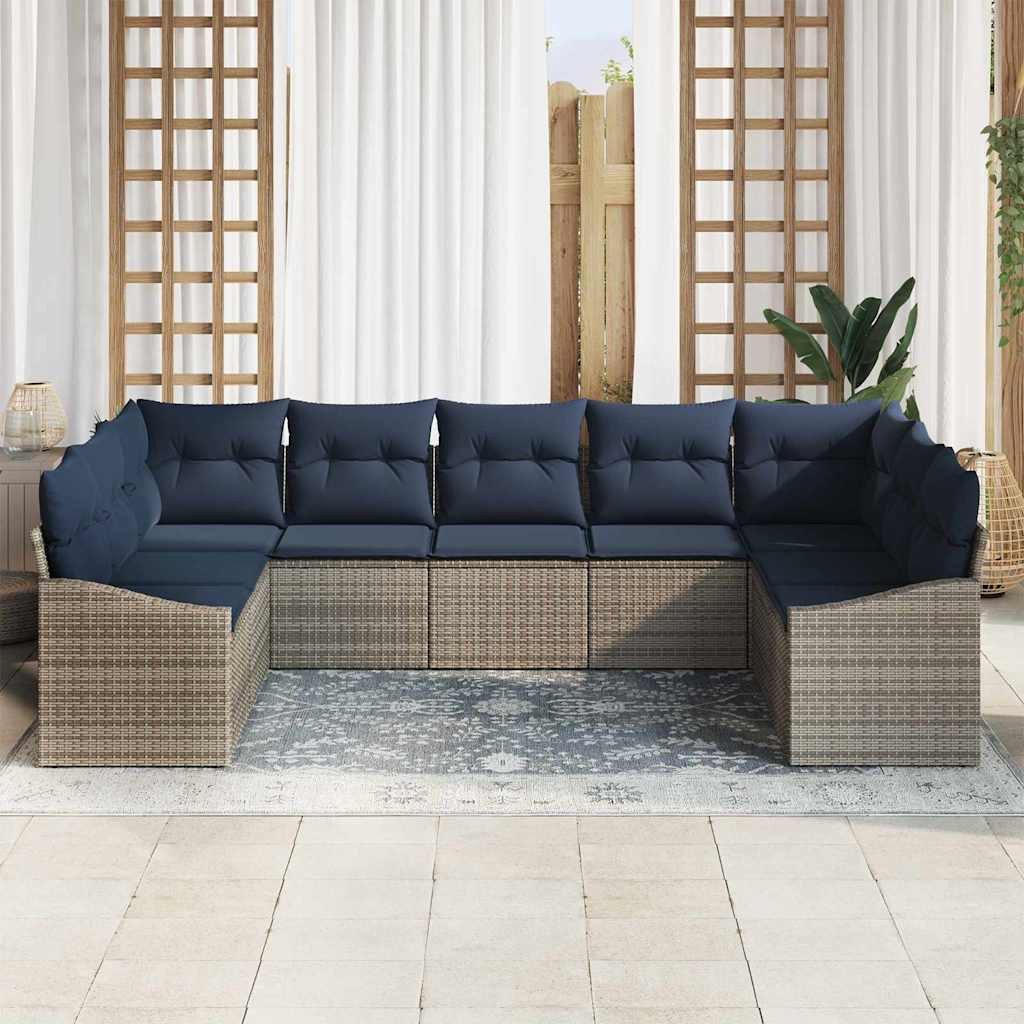 vidaXL Gartenlounge-Set Gartensofa-set 9 pcs Grau und Marineblau Poly-Rattan, (9-tlg)