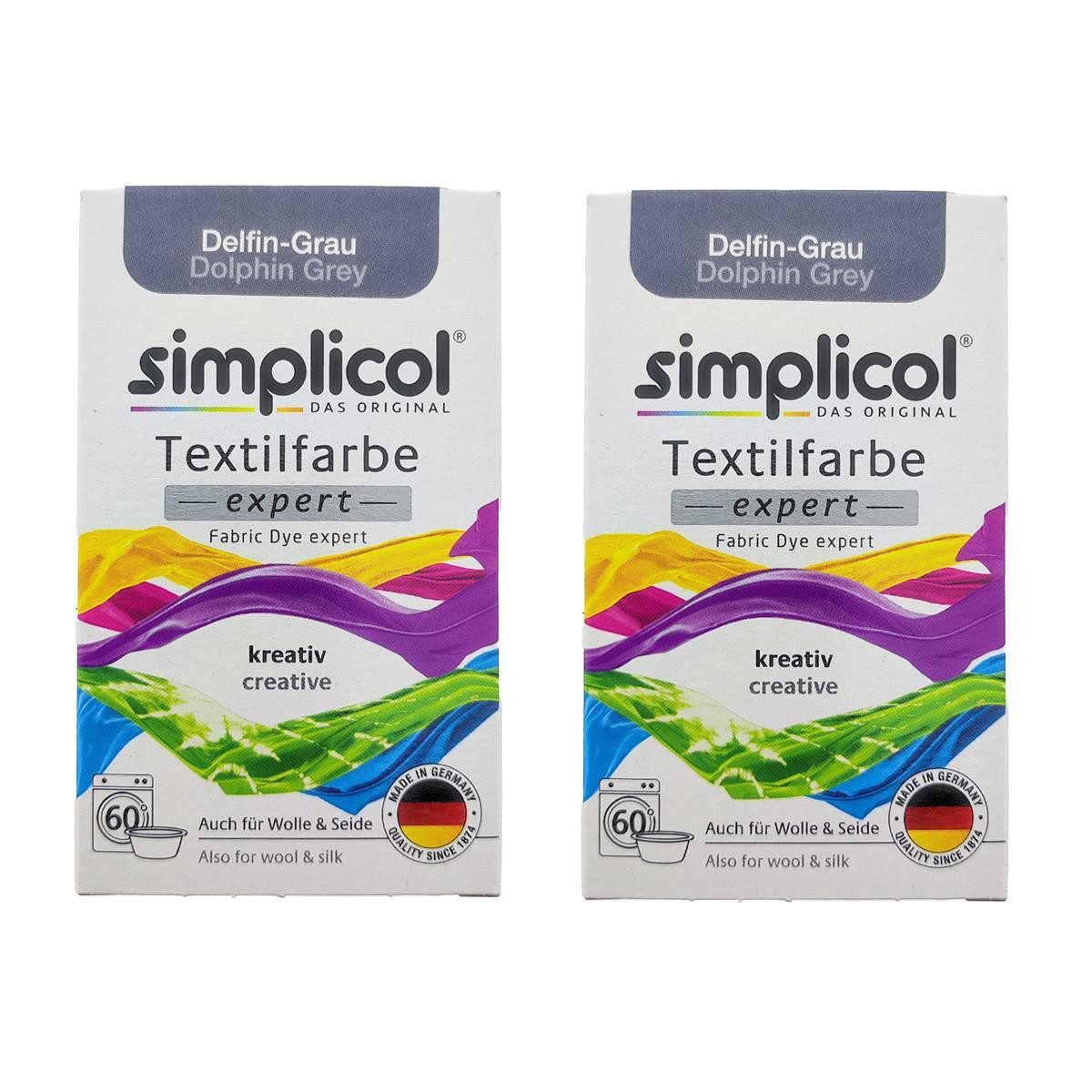 simplicol Textilfarbe Textilfärbemittel Delfin-Grau 2er Pack 2x150g für Baumwolle Viskose, Farberneuerung Textilfärbemittel Farbauffrischung Farbmischung Batik