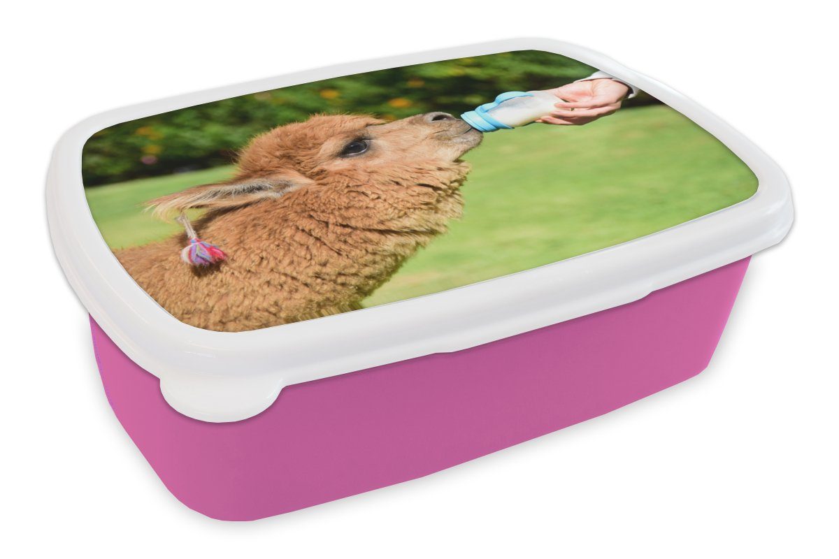 MuchoWow Lunchbox Alpaka - Flasche - Milch, Kunststoff, (2-tlg), Brotbox für Erwachsene, Brotdose Kinder, Snackbox, Mädchen, Kunststoff rosa