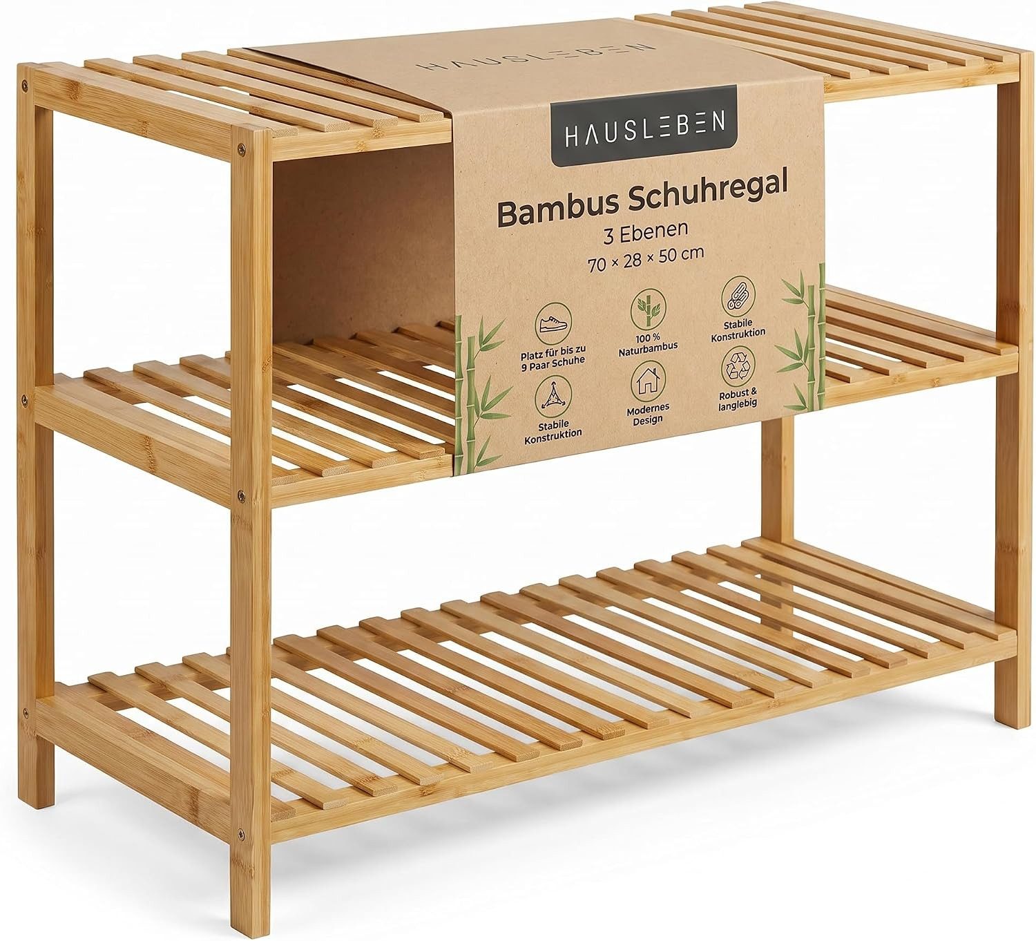 hausleben Schuhregal Bambus Schuhregal, 3 Ebenen, 70x28x50 cm, Naturholz Standregal, Einzelartikel 1-tlg., Umweltfreundlich & Stabil, Leicht zu Reinigen