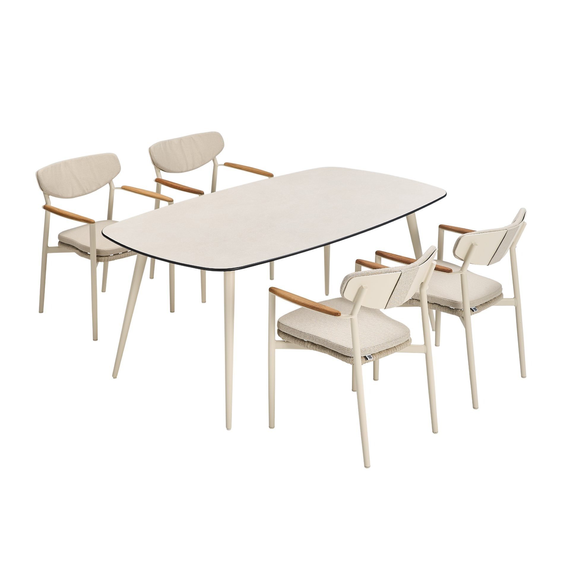 CASA DOMA Garten-Essgruppe Farini/Napola, (Outdoor-Essgruppe, 5-tlg., bootsförmiger HPL-Tisch), stapelbare Stühle, inkl. Sitz- und Rückenkissen, Aluminium cream