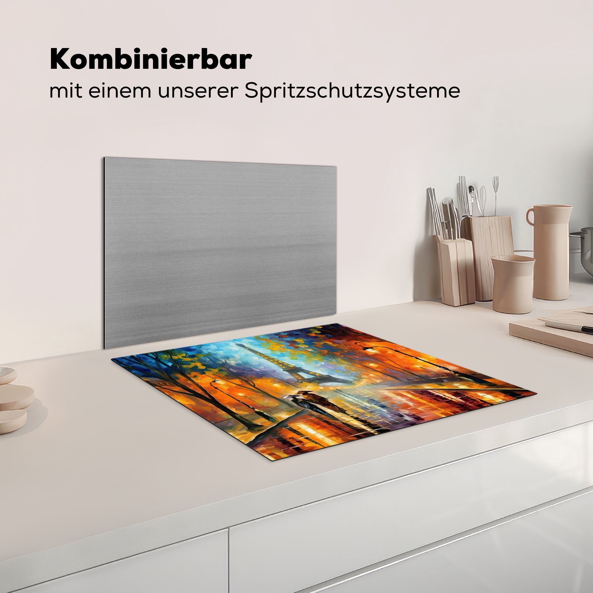 - 60x52 cm, tlg), - Vinyl, Arbeitsfläche MuchoWow Kunst Paris Mobile Eiffelturm Ceranfeldabdeckung - (1 nutzbar, Herdblende-/Abdeckplatte Städte,