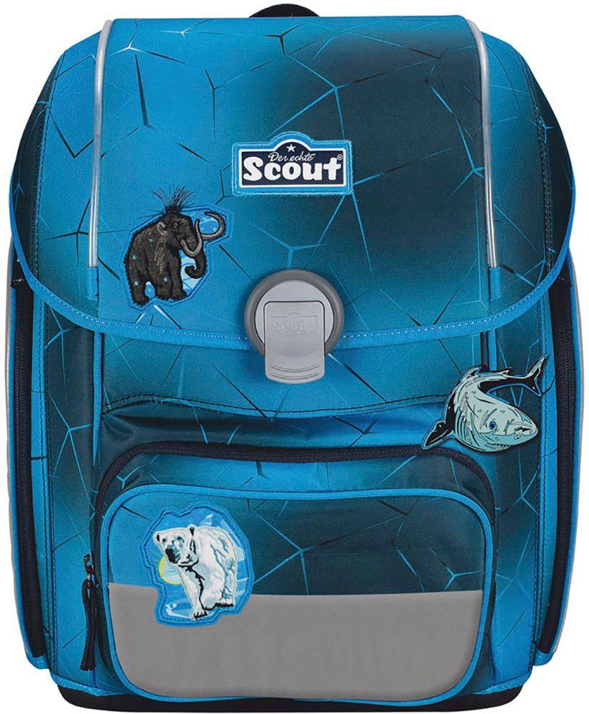 Scout Schulranzen Genius Safety Light, mit LED-Lichtleiter, Polar Blue (Set, 4-tlg), mit Powerbank; enthält recyceltes Material