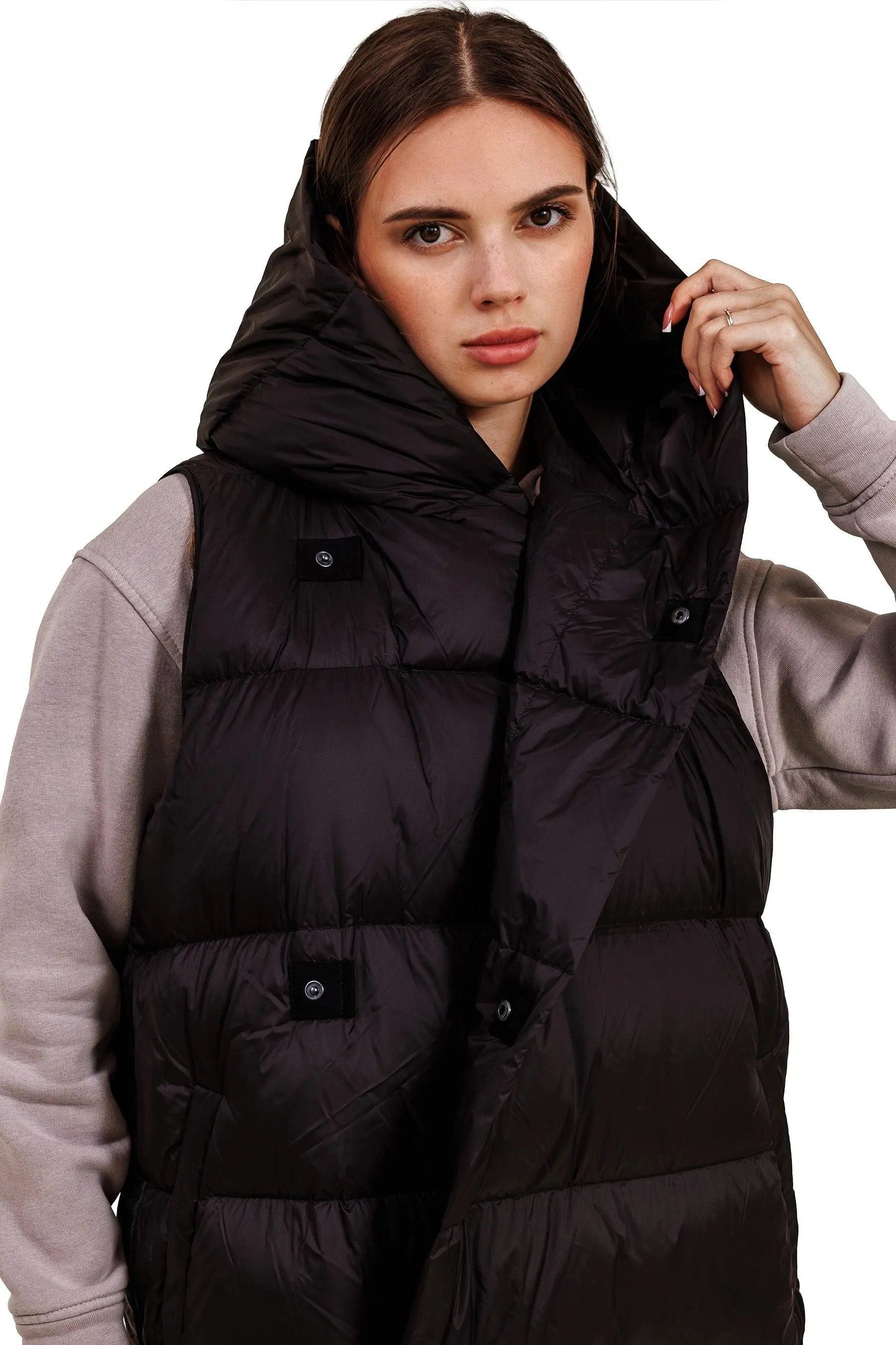 JNBY Daunenweste Damen lange Daunenweste mit Kapuze Frühlingsweste Black warm gefütter