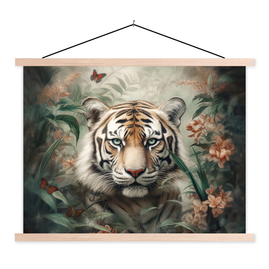 Poster Tiger - Schmetterlinge - Tiere - Dschungel - Blumen