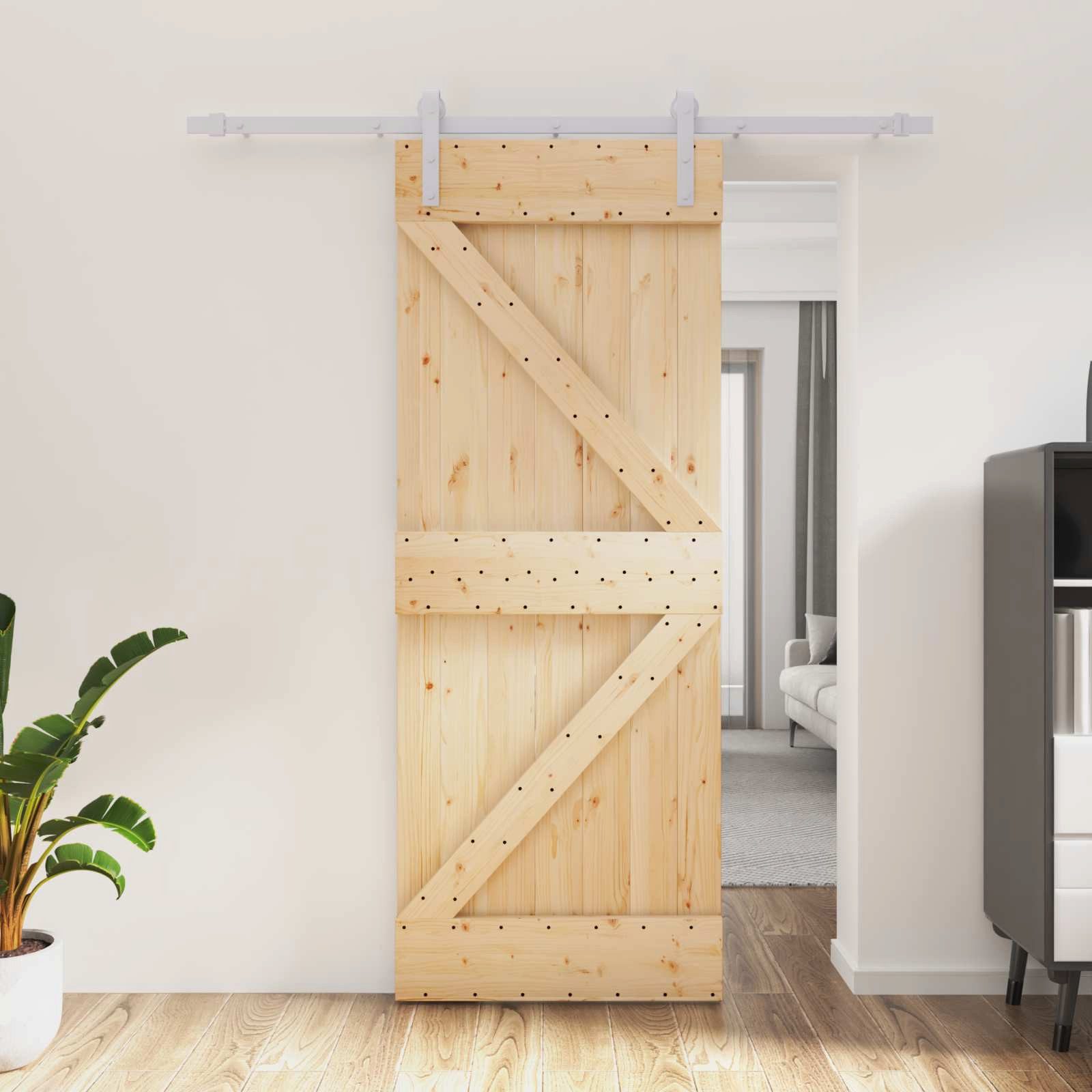 furnicato Schiebetür Massivholz 80 x 210 cm Natur Weiß, Stabile Schiebetür-Anlage mit pulverbeschichteter Schiene für innen