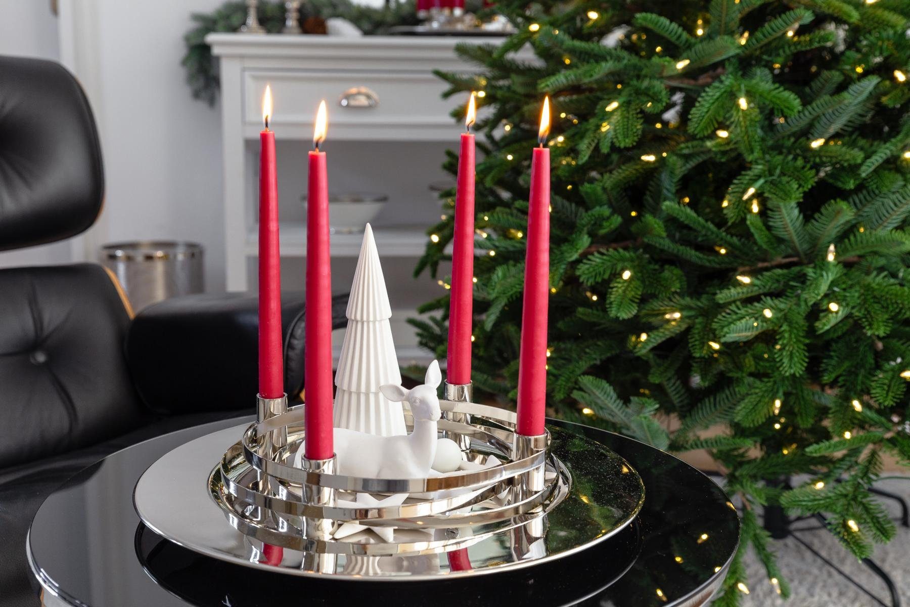 EDZARD Adventskranz für Kerzen, Kerzenhalter Weihnachtsdeko Avia, mit Adventsleuchter als Stabkerzen, Silber-Optik La für Tischdeko Kerzenkranz 4 als (40 cm)