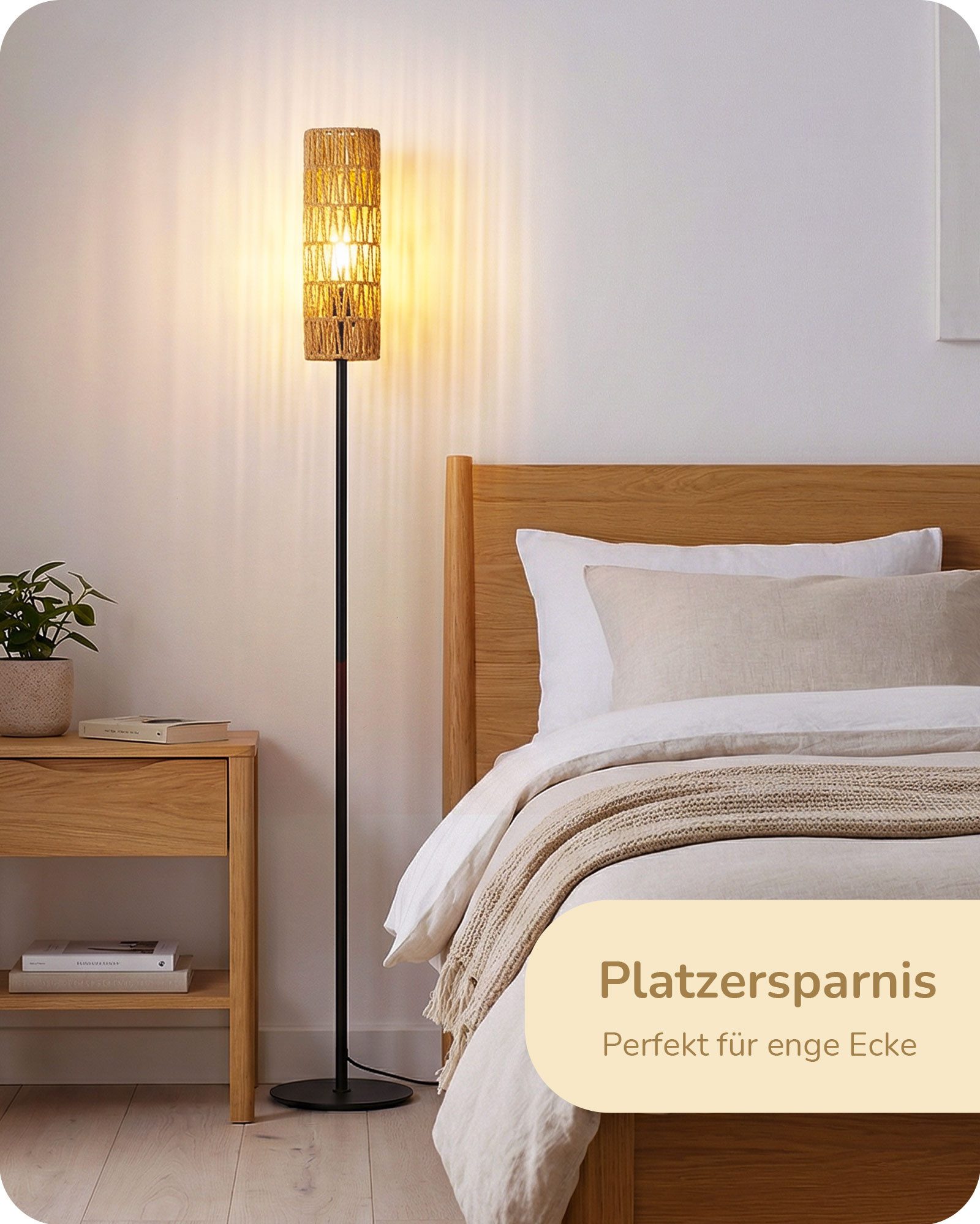 EDISHINE Stehlampe Wohnzimmer, LED wechselbar, warmweiß, Boho Stehlampe mit Lampenschirm aus gewebtem Seil