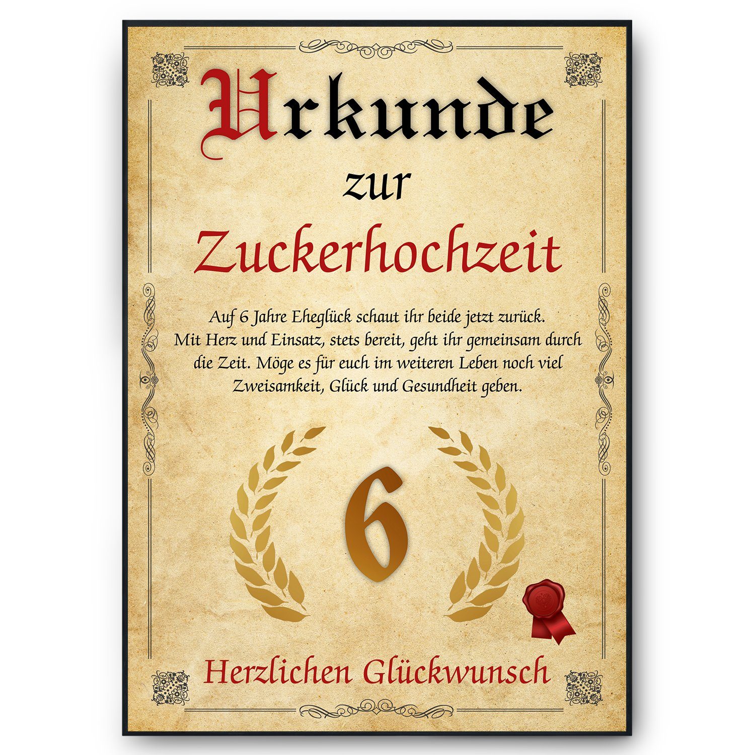 Tigerlino Poster Urkunde zum 6. Hochzeitstag Geschenk 6. Jahrestag