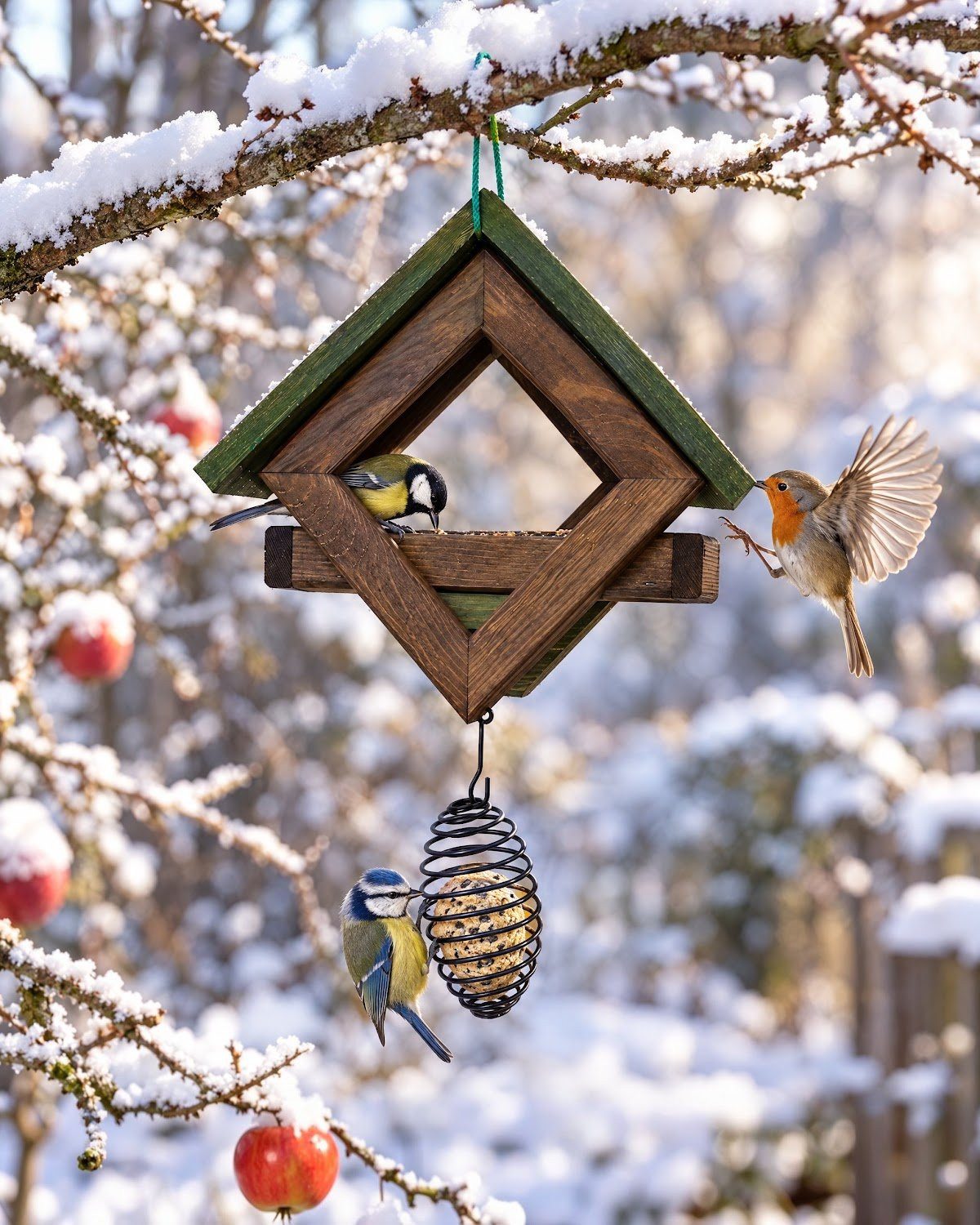 Zooprinz Futterhaus Birdy Bar mit Knödelhalter, Massivholz Kiefer, Satteldach, lasiert, mit Knödelhalter, Futterschale 30 cm