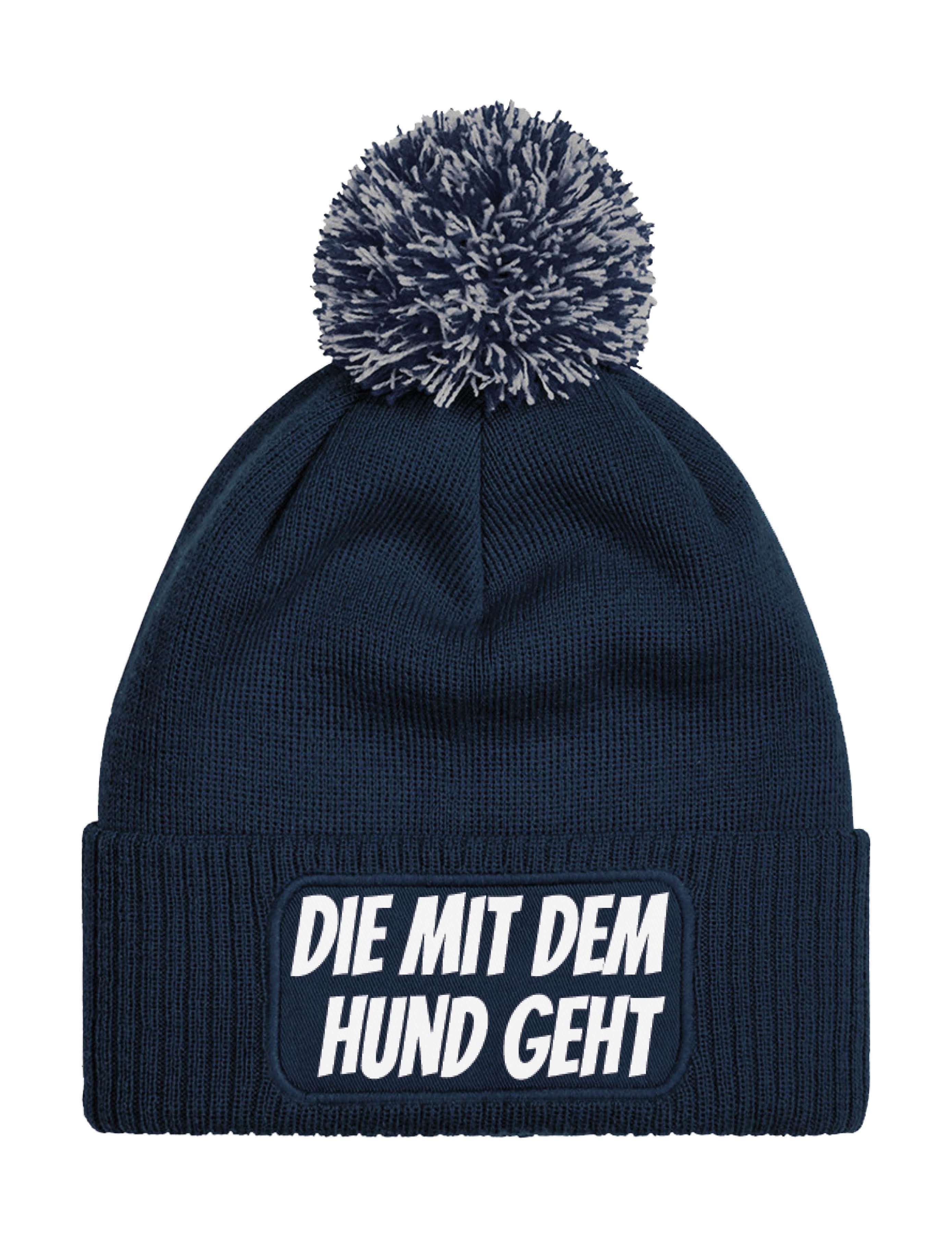 Bommelmütze Damen Strick Bommel Beanie Mütze mit "DIE MIT DEM HUND GEHT" Aufdruck