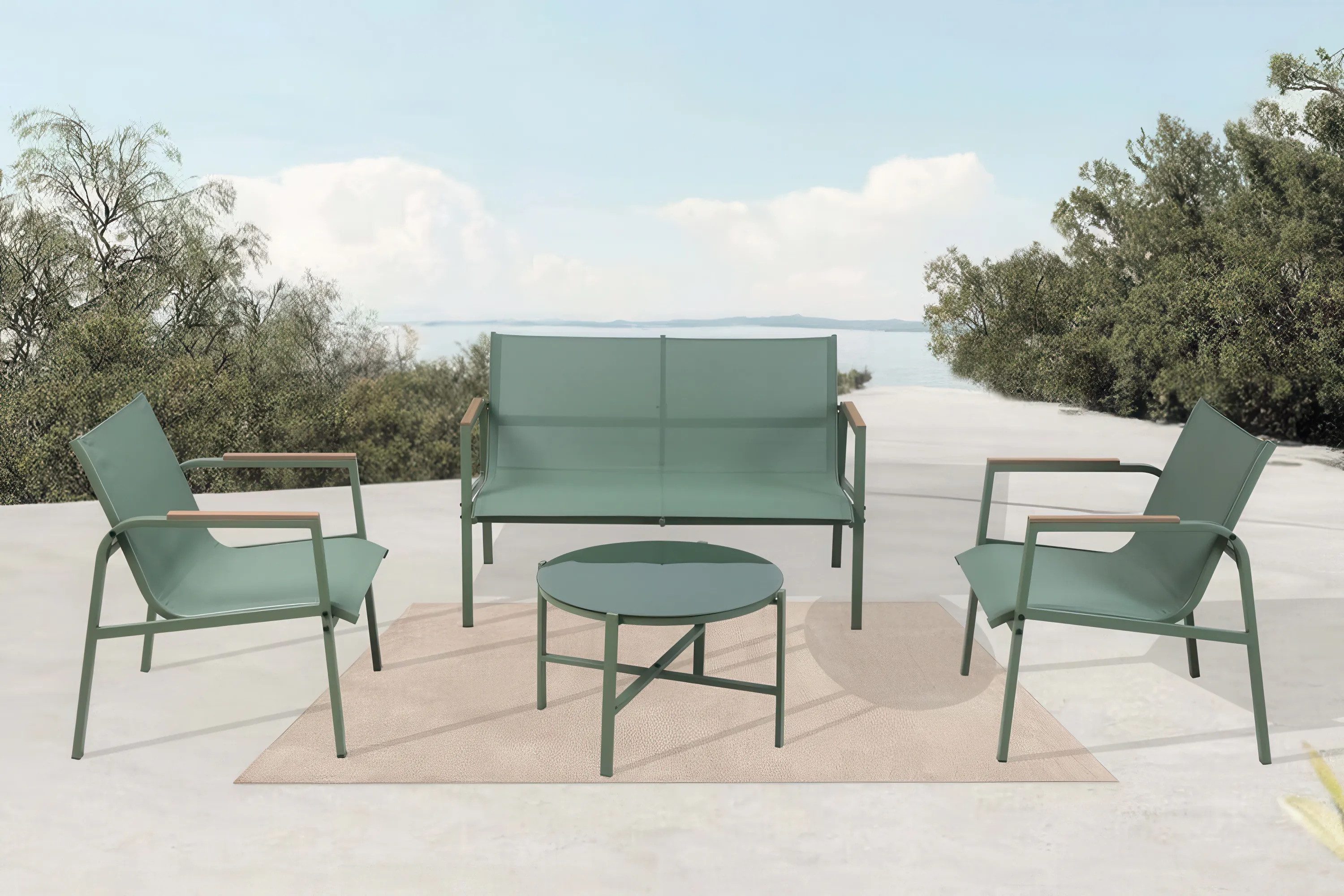 Focus Garden Gartenlounge-Set "MANGO COFFEE" mit 2 Stühlen, Doppelsitzer und runder Tisch, (4-tlg), Polywood Holz-Optik Armlehnen, Stahl, Textilene