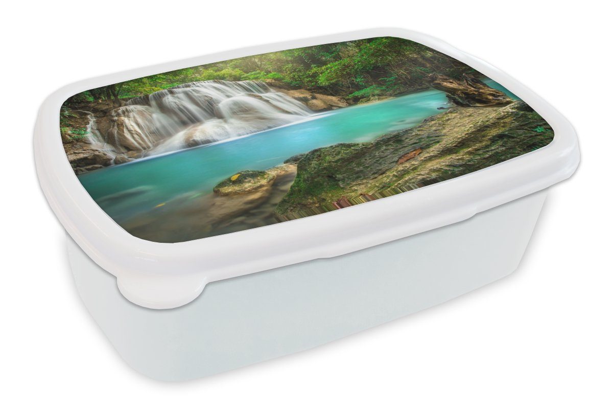 MuchoWow Lunchbox Wald - Wasserfall - Natur, Kunststoff, (2-tlg), Brotbox für Kinder und Erwachsene, Brotdose, für Jungs und Mädchen weiß