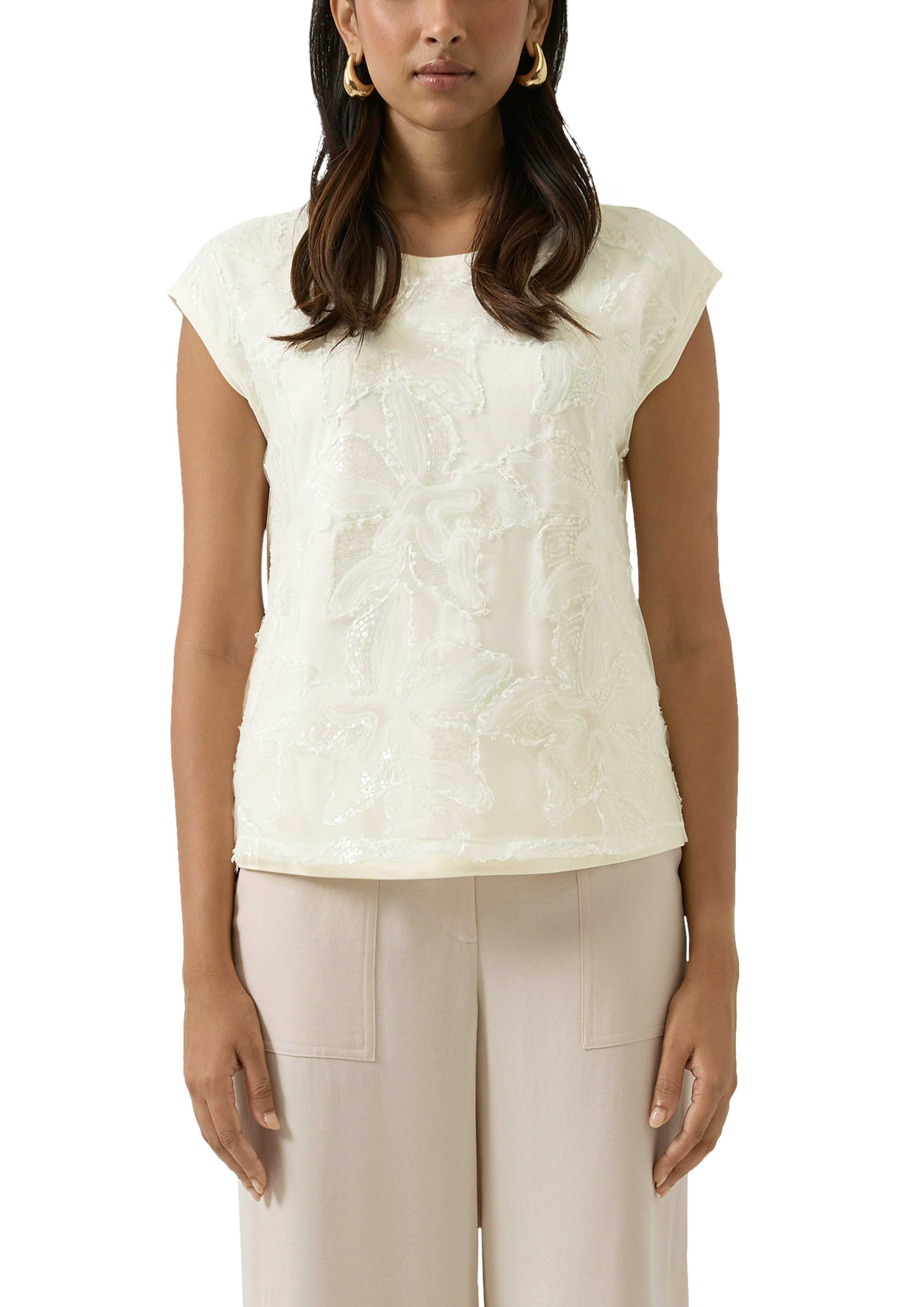s.Oliver BLACK LABEL Paillettenshirt mit floralen Applikationen, pflegeleicht, taillierte Passform