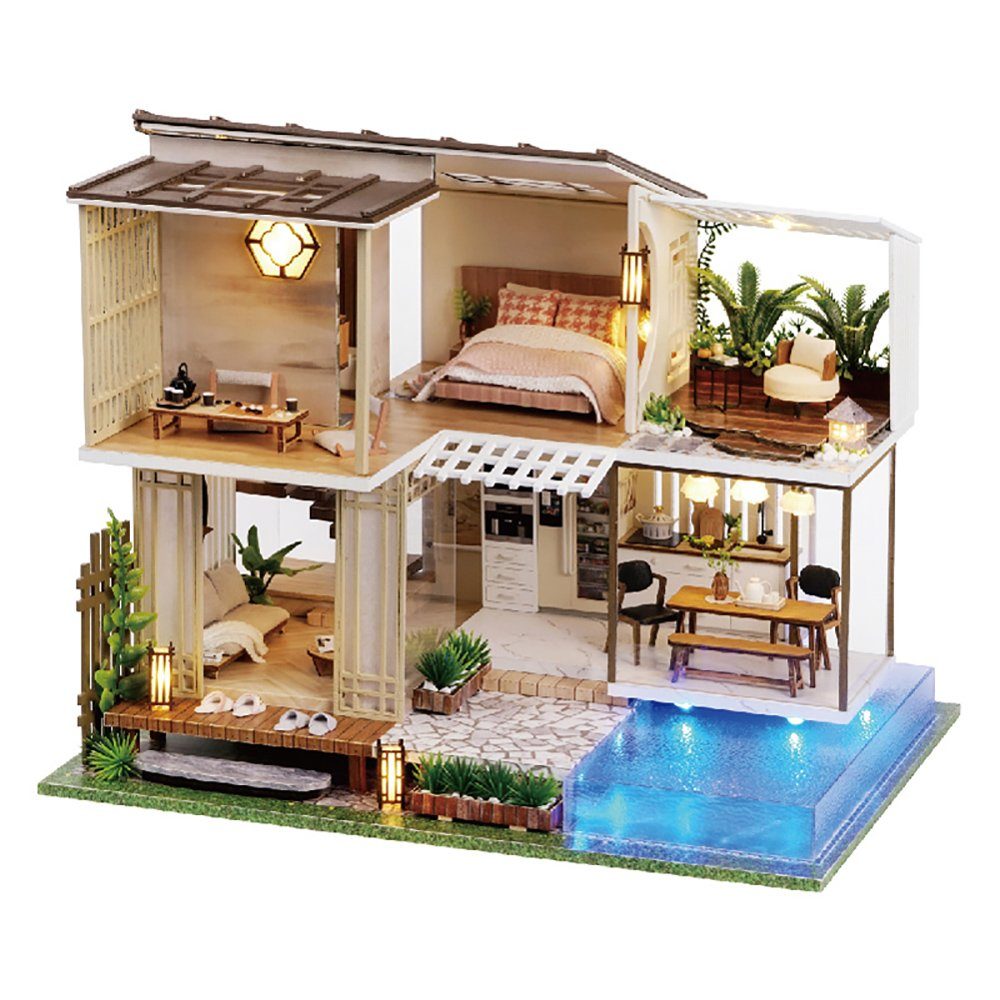 Cute Room 3D пазли DIY holz Miniature Haus Puppenhaus Chalet mit Pool, Пазлиteile, 3D пазли, Miniaturhaus, Maßstab 1:32, Modellbausatz zum basteln