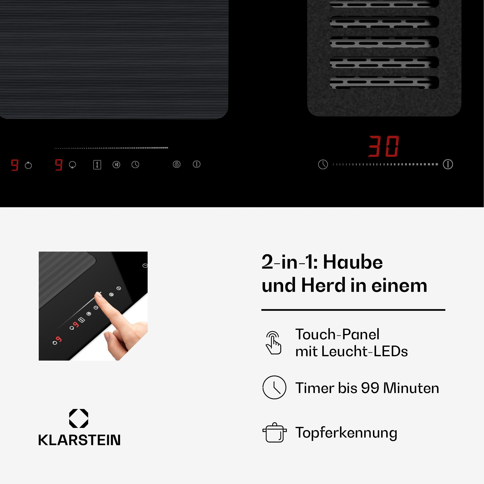 Klarstein Induktions-Kochfeld Full House 77 Down Air Induktion+Abzug 77 cm 4 Zonen 7120W 477 m³/h A, Kochfeld Abzugshaube Hob 4-fach 2 Flex kopffrei autark