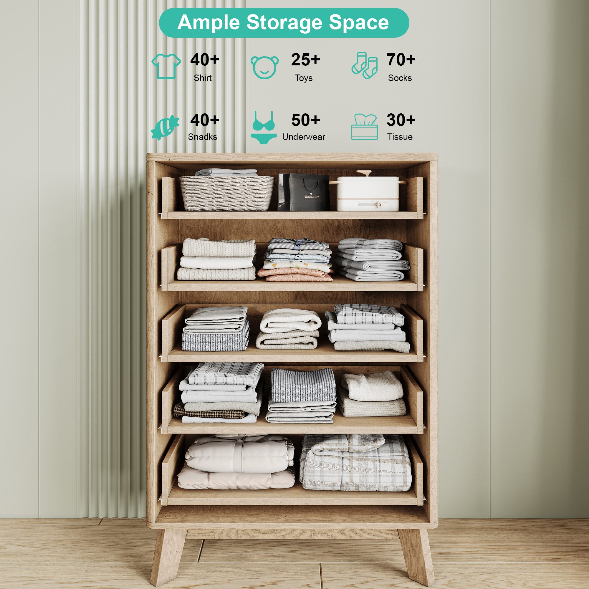 FUROKOY Kommode mit 5 Schubladen Holz Schrank, Sideboard mit Metallgriff,Wellenstruktur vorne,Naturholzfarbe – Bild 3 von 5