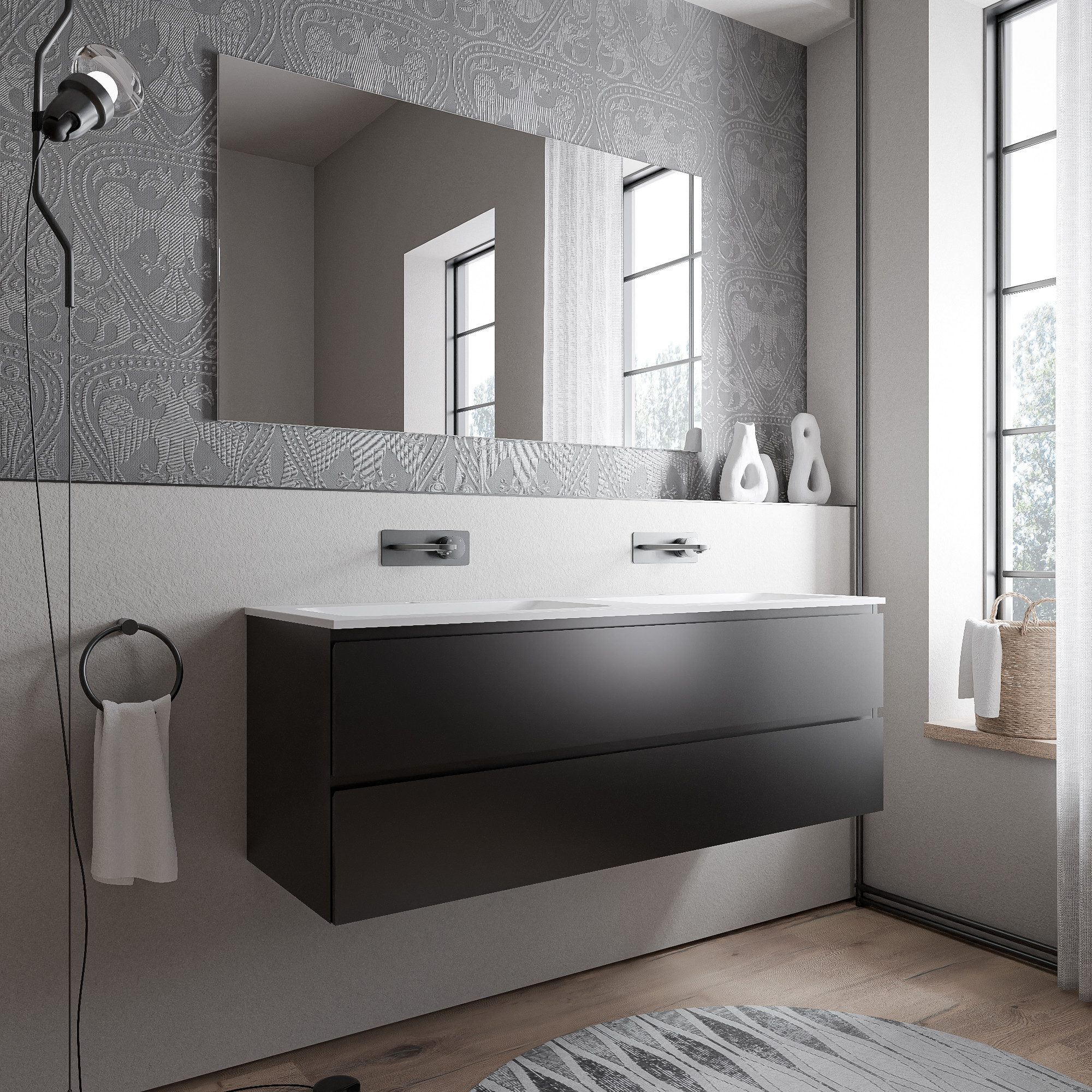 Bernstein Waschbeckenunterschrank AVA Schwarz matt 140cm Waschbecken Weiß matt ohne Hahnloch Waschtischunterschrank mit Mineralguss-Doppelwaschbecken 2 Schubladen