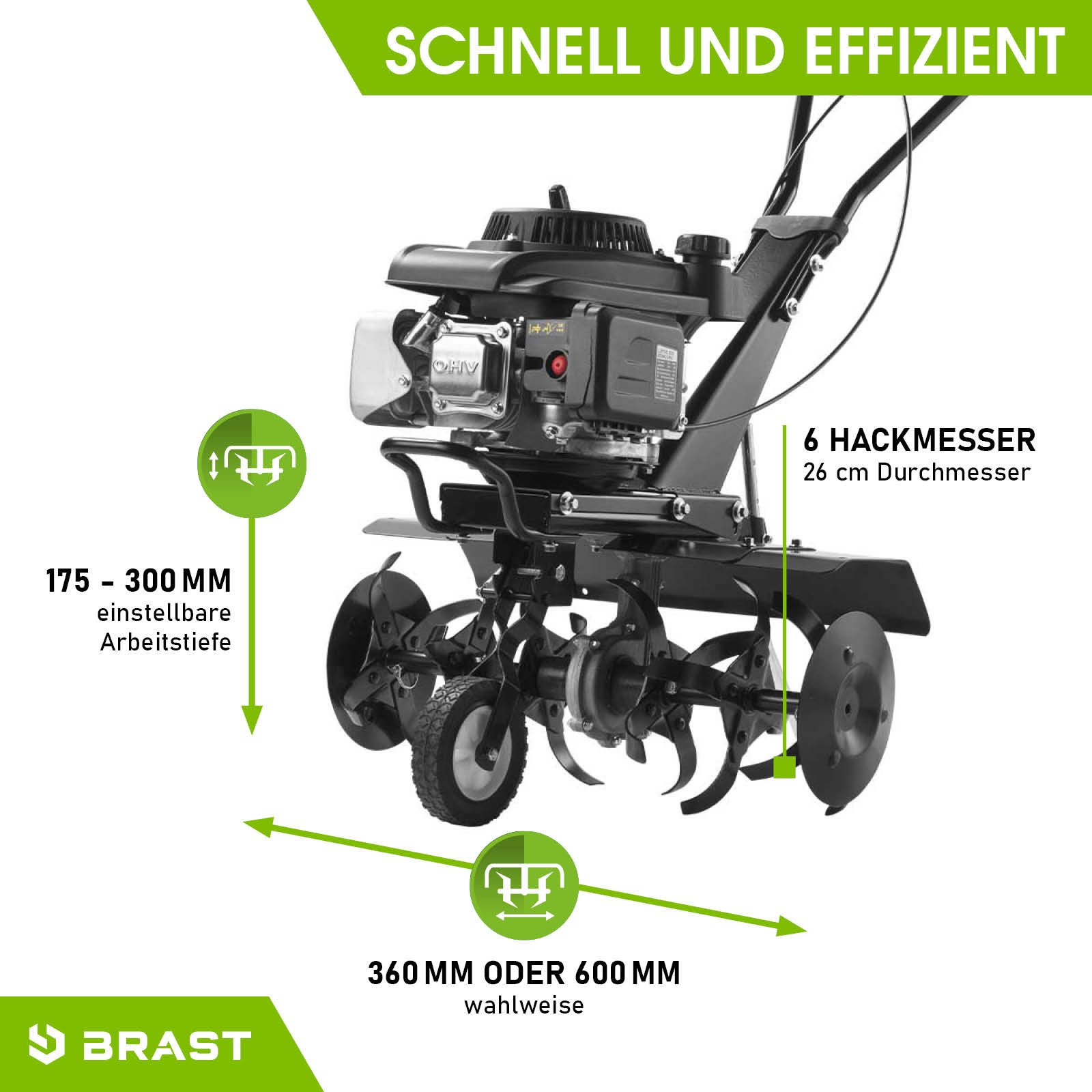 BRAST Benzinmotorhacke Ackerfräse 4,4kW (6PS) mit Selbstantrieb, 4-Takt OHV-Motor mit 176ccm, 60 cm Arbeitsbreite, TÜV geprüft, massiver Stahlrahmen, Gartenfräs – Bild 5 von 5