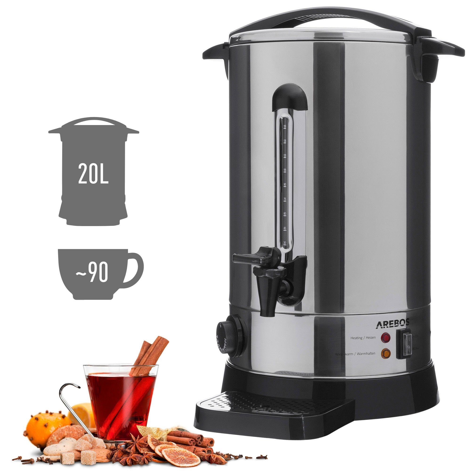 Arebos Einkoch- und Glühweinautomat 20 L, Überhitzungsschutz, Temperatureinstellung 30-110°C, 3 Farben, 1650,00 W