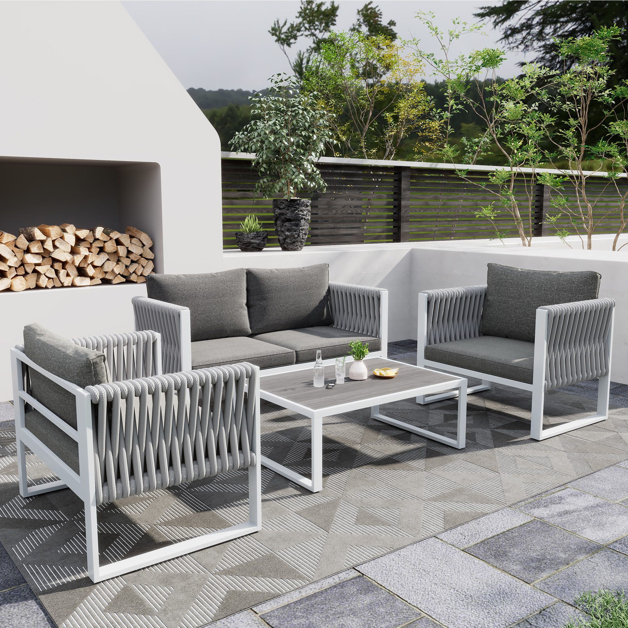 OKWISH Gartenlounge-Set Gartenmöbel Set Seil, (1 Couchtisch, 2 Sessel, 1 2-Sitzer), für 4 Personen mit Kissen und Eisenrahmen