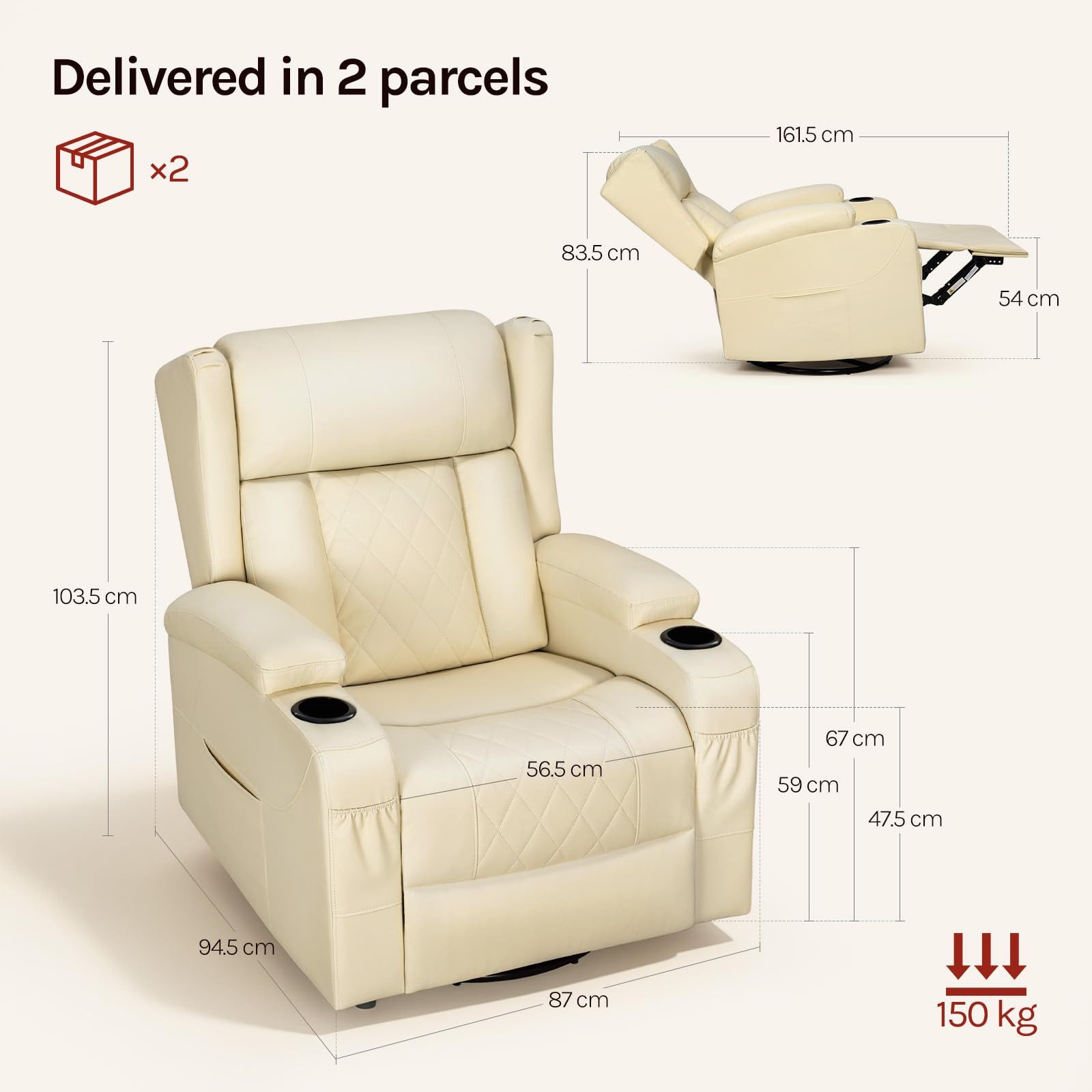 Woltu Relaxsessel, Fernsehsessel mit Liegefunktion,mit Tasche, 360° drehbar, PU
