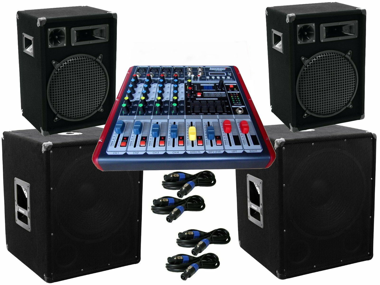 Das PA-SET Powermixer Musik Anlage 3 wege 30cm Boxen 2x38 cm Suwoofer Party-Lautsprecher
