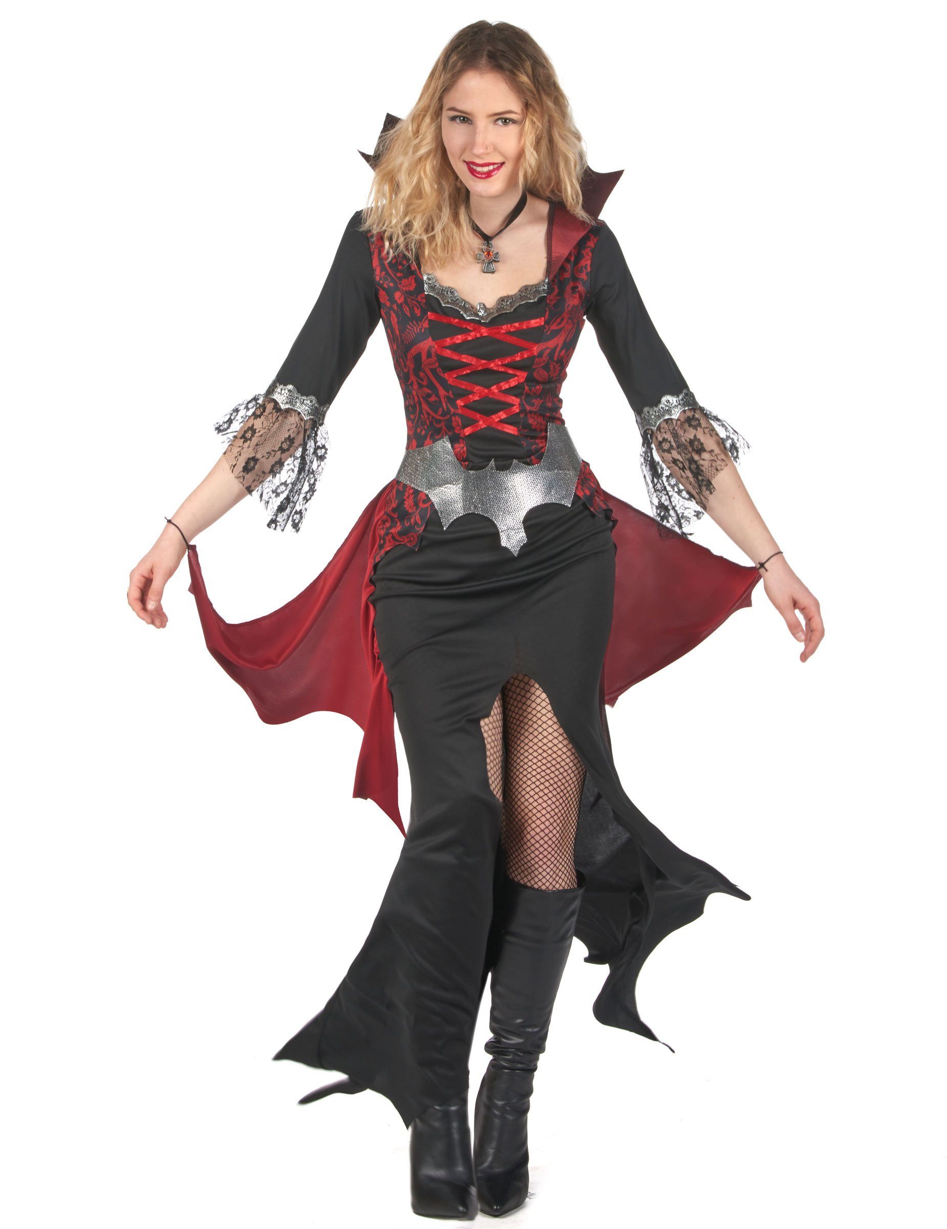 JADEO Vampir-Kostüm Elegantes Barock-Vampirkostüm für Damen schwarz-rot-grau