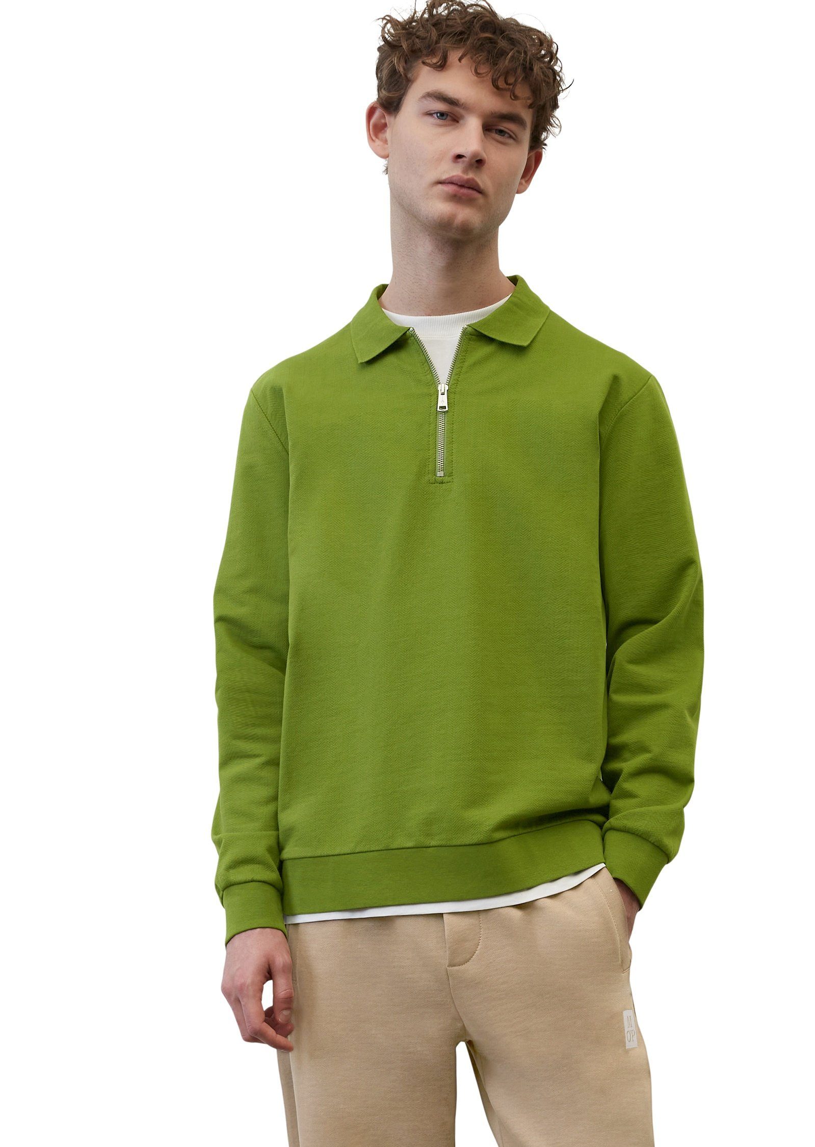 Marc O'Polo Sweatshirt mit hochwertigem Fischgrat-Muster grün