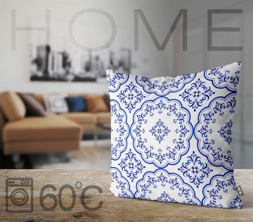 Kissenbezug, VOID (1 Stück), Sofa-Kissen Fliesen Blau Weiss Landhaus Stil Muster gemustert Bad Küche Keramik retro Design Blumen Blumenmuster