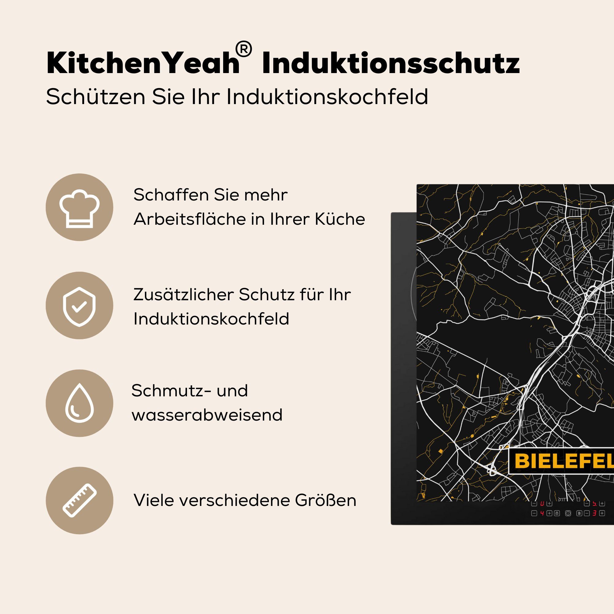 für Deutschland, MuchoWow 78x78 Arbeitsplatte Bielefeld Stadtplan - cm, (1 Ceranfeldabdeckung, Gold Karte tlg), - küche - - Vinyl, Herdblende-/Abdeckplatte