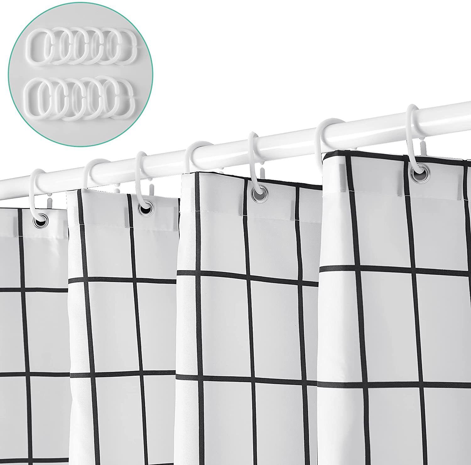 HomeBella Duschvorhang Kariert Textil Antischimmel Schimmelresistent Wasserdicht (Anti-Bakteriell Wasserabweisend Stoff Polyester mit Gewicht), Waschbar für Dusche Badewanne, mit Duschvorhangringen