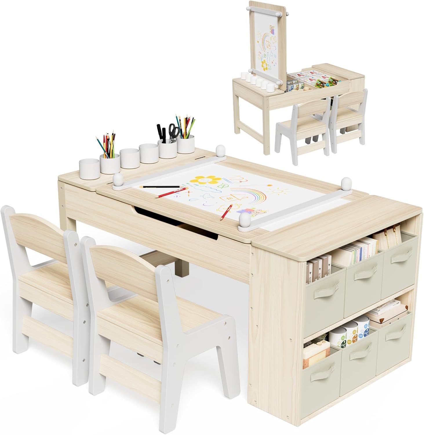 TLGREEN Kindertisch Höhenverstellbarer Kindertisch Set mit 2 Stühlen (Kindermaltisch mit Papierrolle und Stauraum), Wasserdichtes Kindertisch für Malen/Lernen/Essen(ab 3 Jahre)