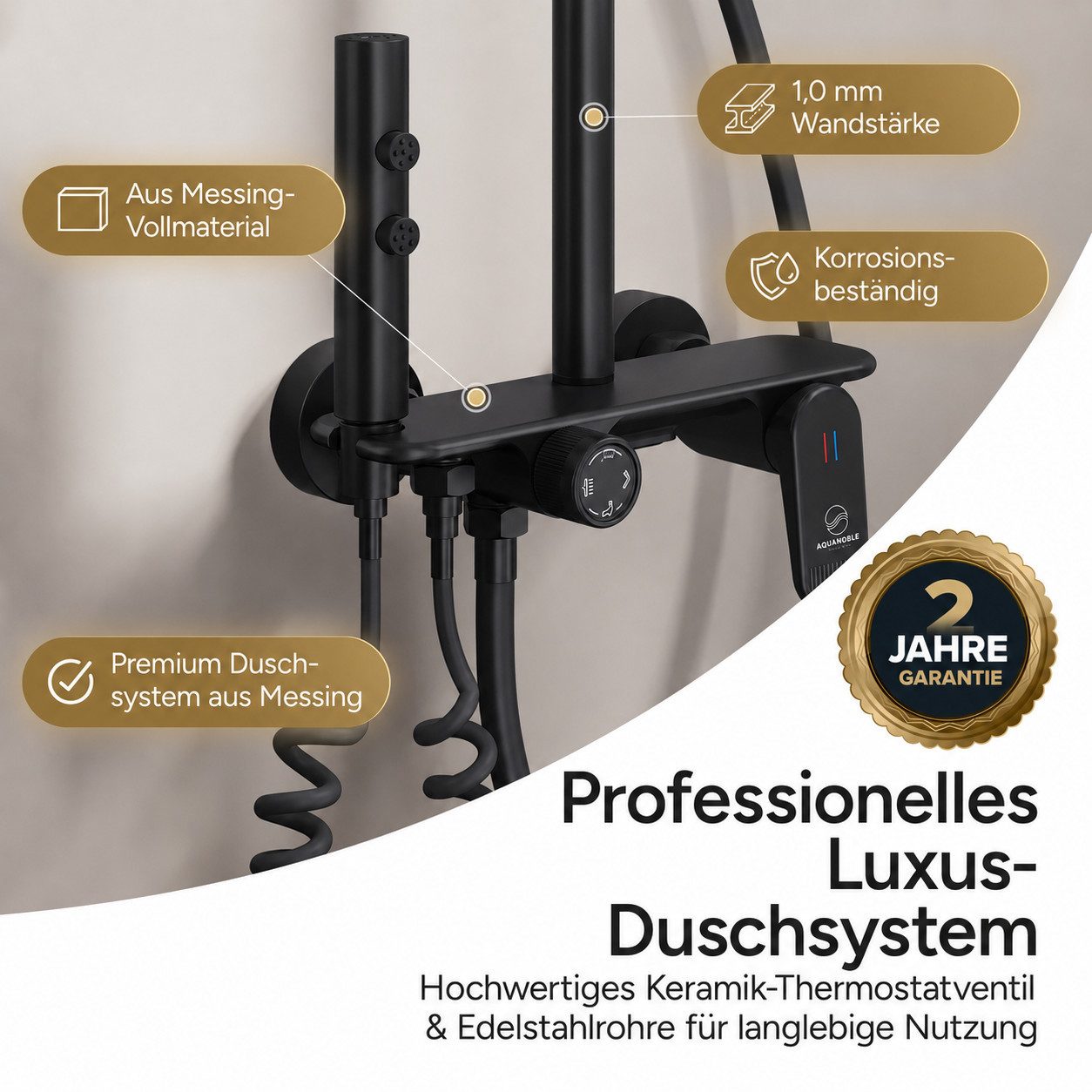 AQUANOBLE SYSTEMS Badarmatur Duschsystem Messing 4 Funktionen (komplett Set) Keramik Mischventil, Edelstahl Duschsäule, Höhenverstellbar