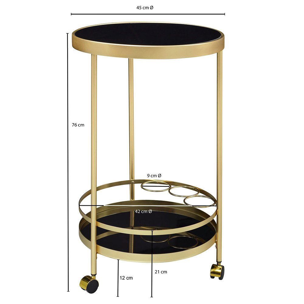 45/76/45cm Servierwagen rund Glasplatte Design Rollen 45cm golden Lomadox auf Couchtisch,