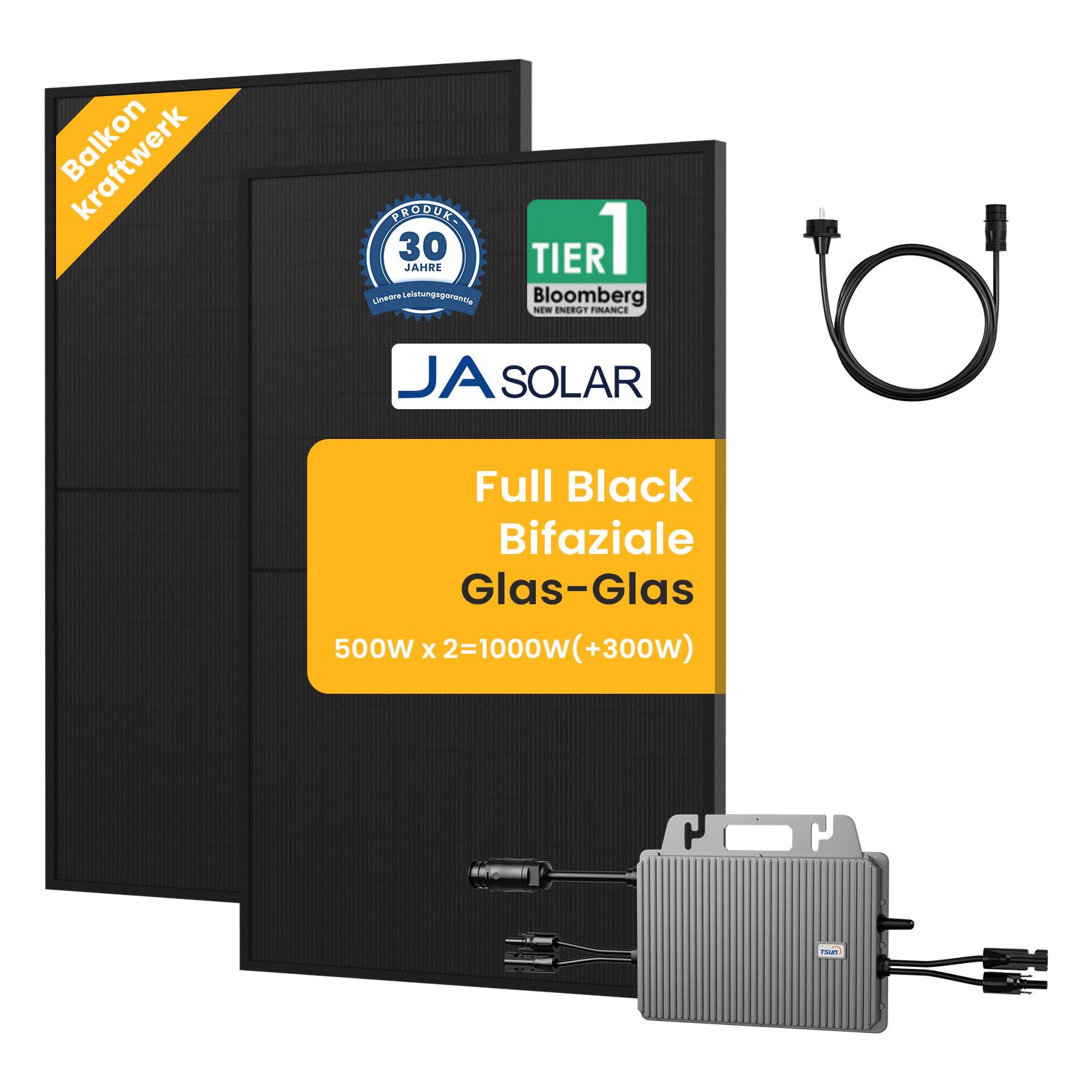 Tsun Balkonkraftwerk 1000W steckerfertige Solaranlage, Paneel mit Tsun 800W Wechselrichter, (TSUN 800W Wechselrichter und 2xJASolar 500Wp im Lieferumfang enthalten), Plug-and-Play-Installation