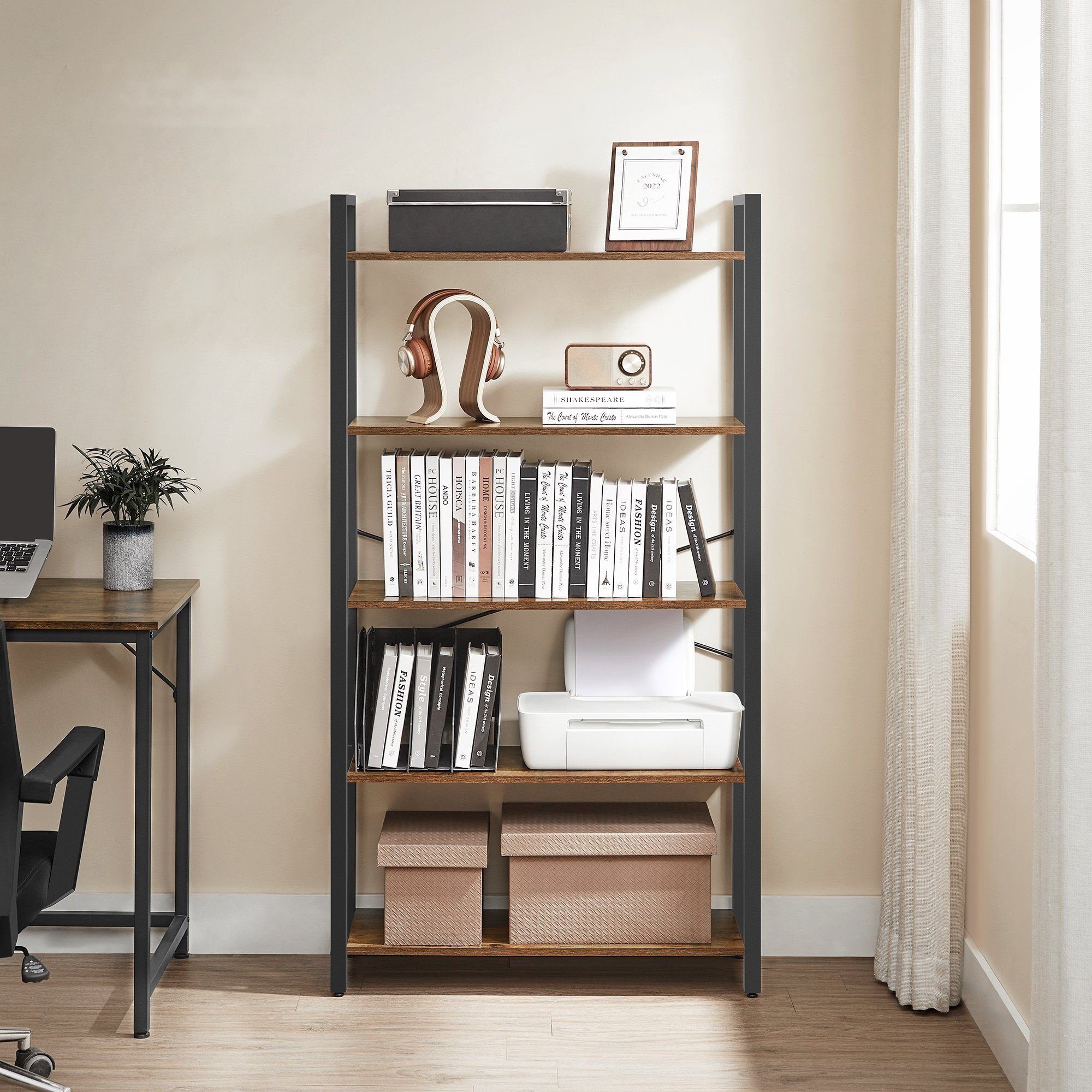 VASAGLE Bücherregal Standregal, DVD-Regal, Büroregal, Büro, Wohnzimmer, Schlafzimmer, Flur, mit 5 Ebenen, Stahlgestell, Holzspanplatten, 80 x 153 x 30 cm