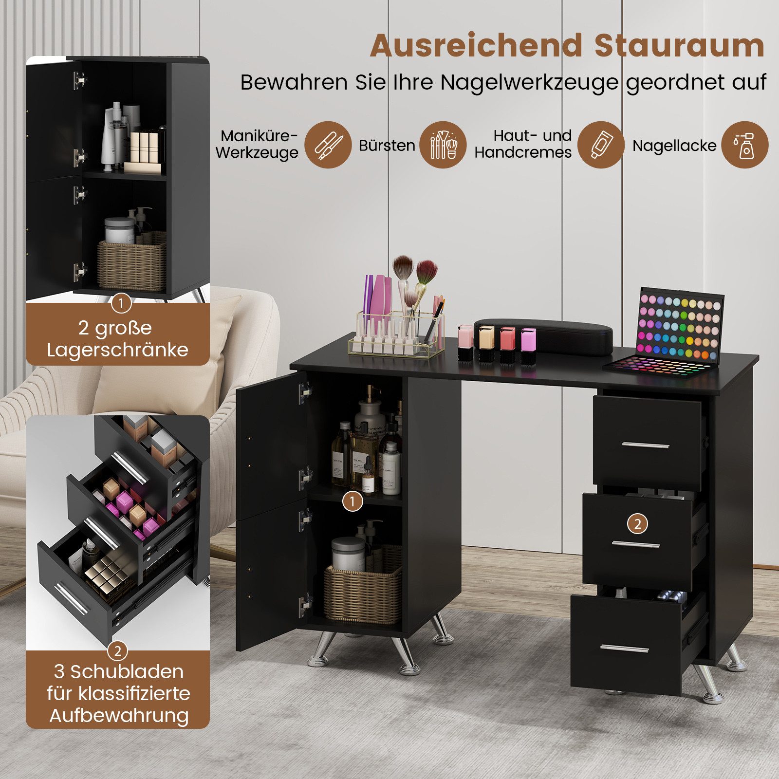 COSTWAY Schminktisch, Maniküretisch,Nageltisch mit 3 Schubladen, günstig online kaufen