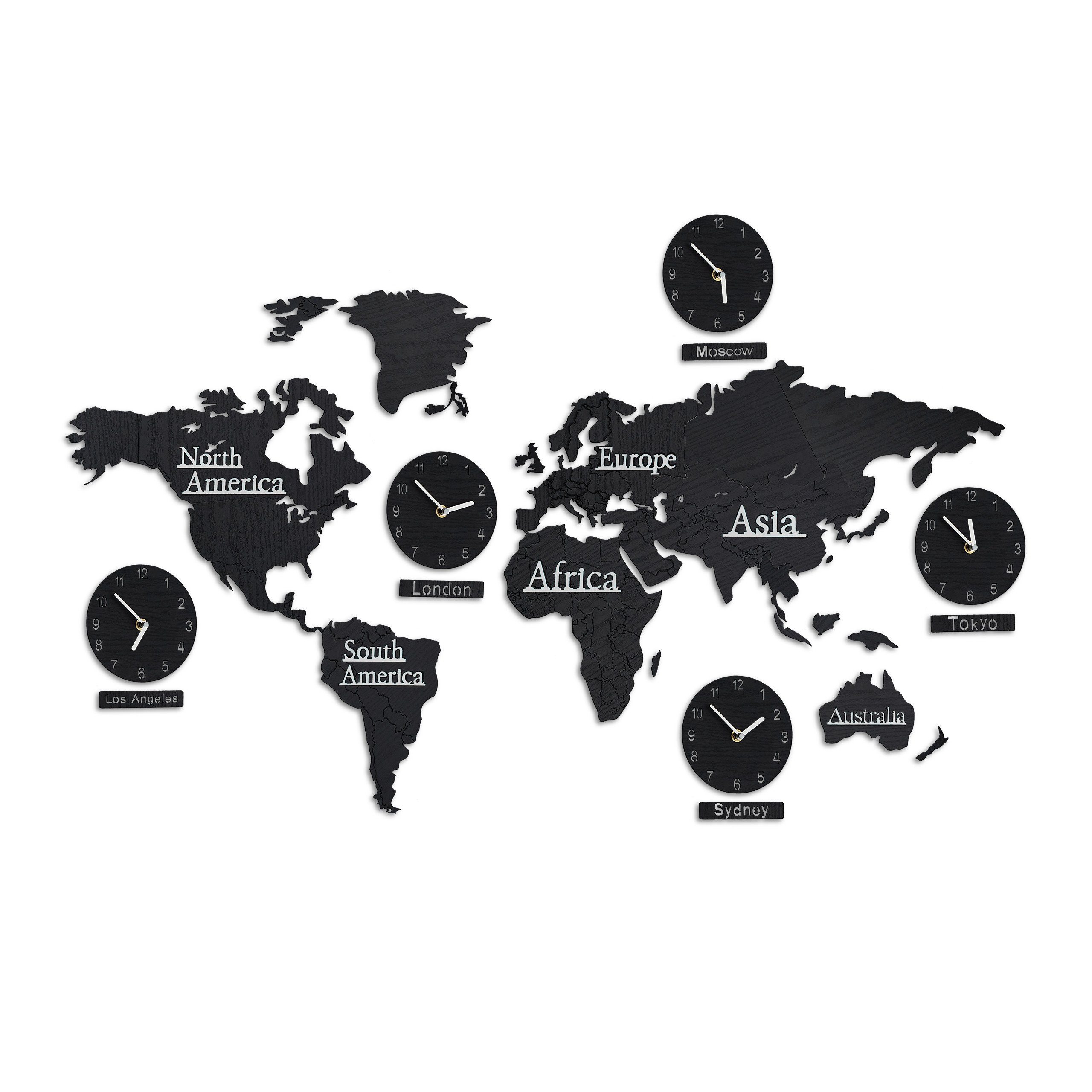 relaxdays Wandsticker Weltkarte Uhren, 5 mit Holz A