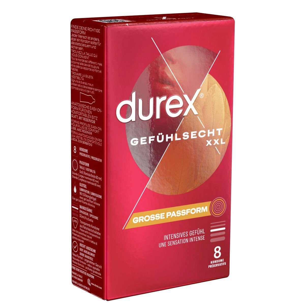 durex XXL-Kondome Gefühlsecht Extra Groß Packung mit, 8 St., extra große und hauchzarte Markenkondome mit Easy-On™-Passform
