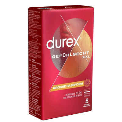 durex XXL-Kondome Gefühlsecht XXL Packung mit, 8 St., extra große und hauchzarte Markenkondome mit Easy-On™-Passform