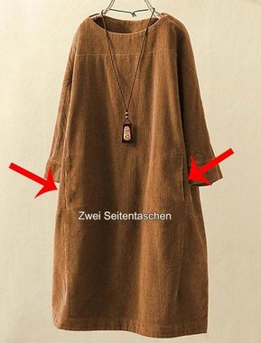 FIDDY Ballonkleid Tunika Damen T-Shirt Kleid Übergroßes Cordkleid Elegant Langarm