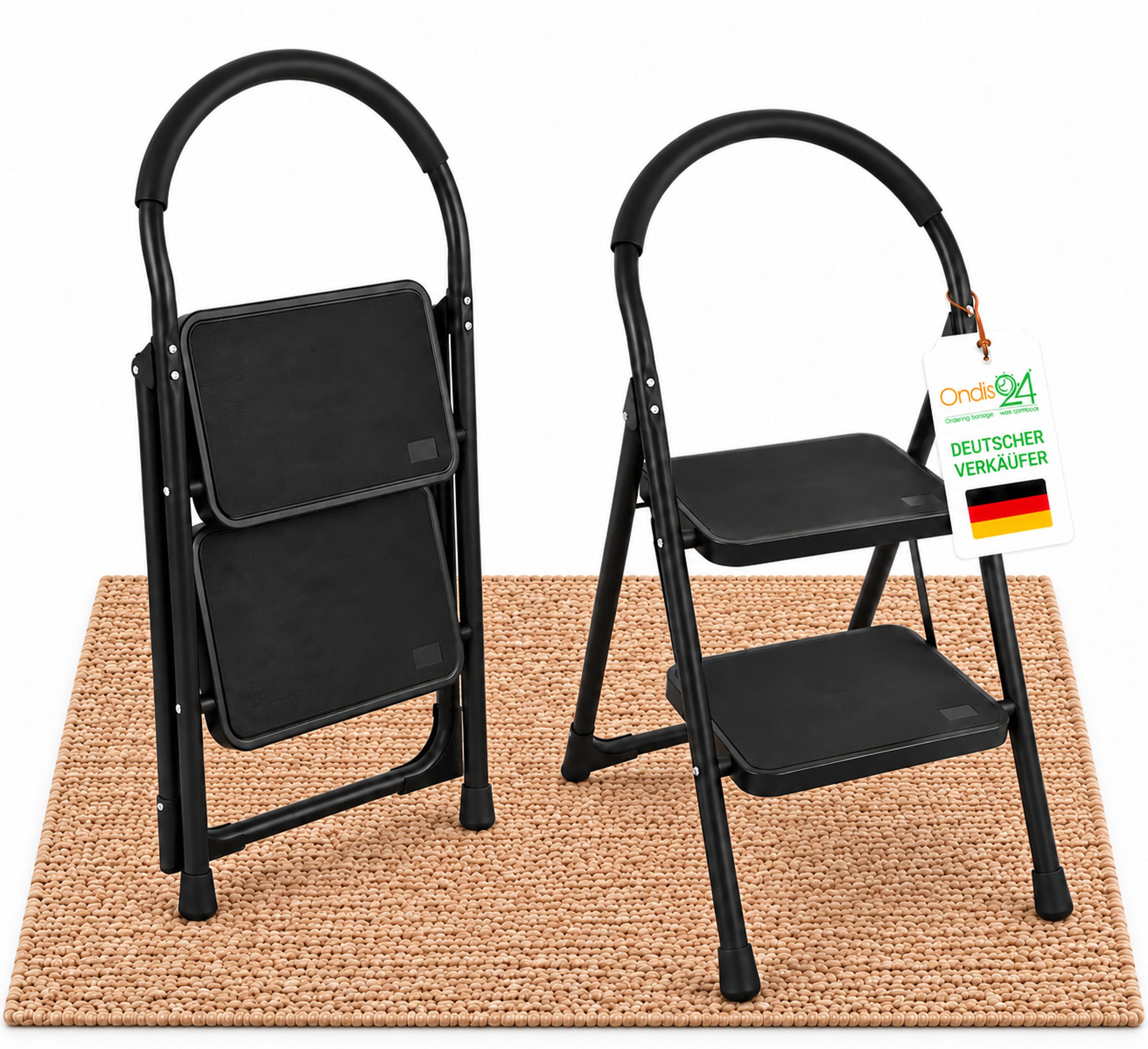ONDIS24 Trittleiter Klapptritt Hugo XXL Stufen klappbare Leiter bis zu 150kg, pulverbeschichteter Stahl extra langer Softgriff