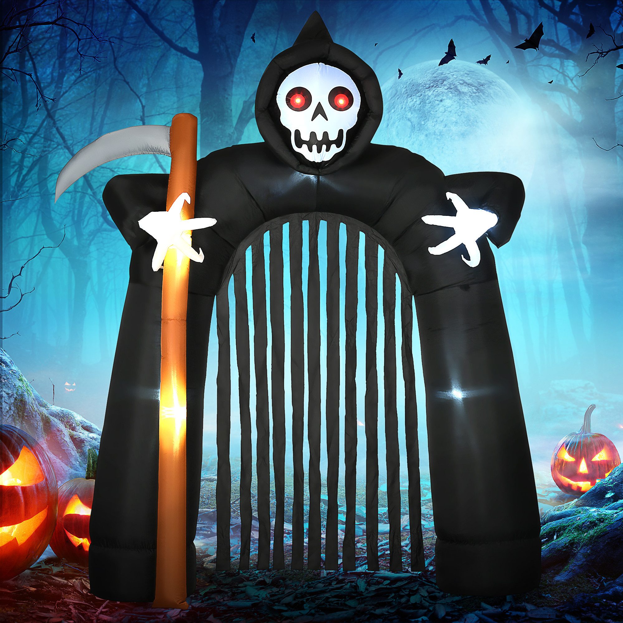 HOMCOM Dekofigur Halloween aufblasbarer Sensenmann-Torbogen, LED-Beleuchtung (Partydekoration, 5 St., Halloween-Deko), Schwarz 230 x 65 x 285 cm