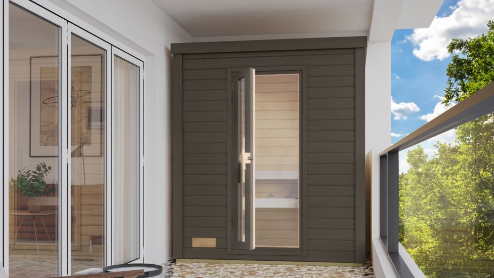 Karibu Saunahaus 38mm Saunahaus Melo 0 terragrau inkl. Ofen 9 kW integr. Strg