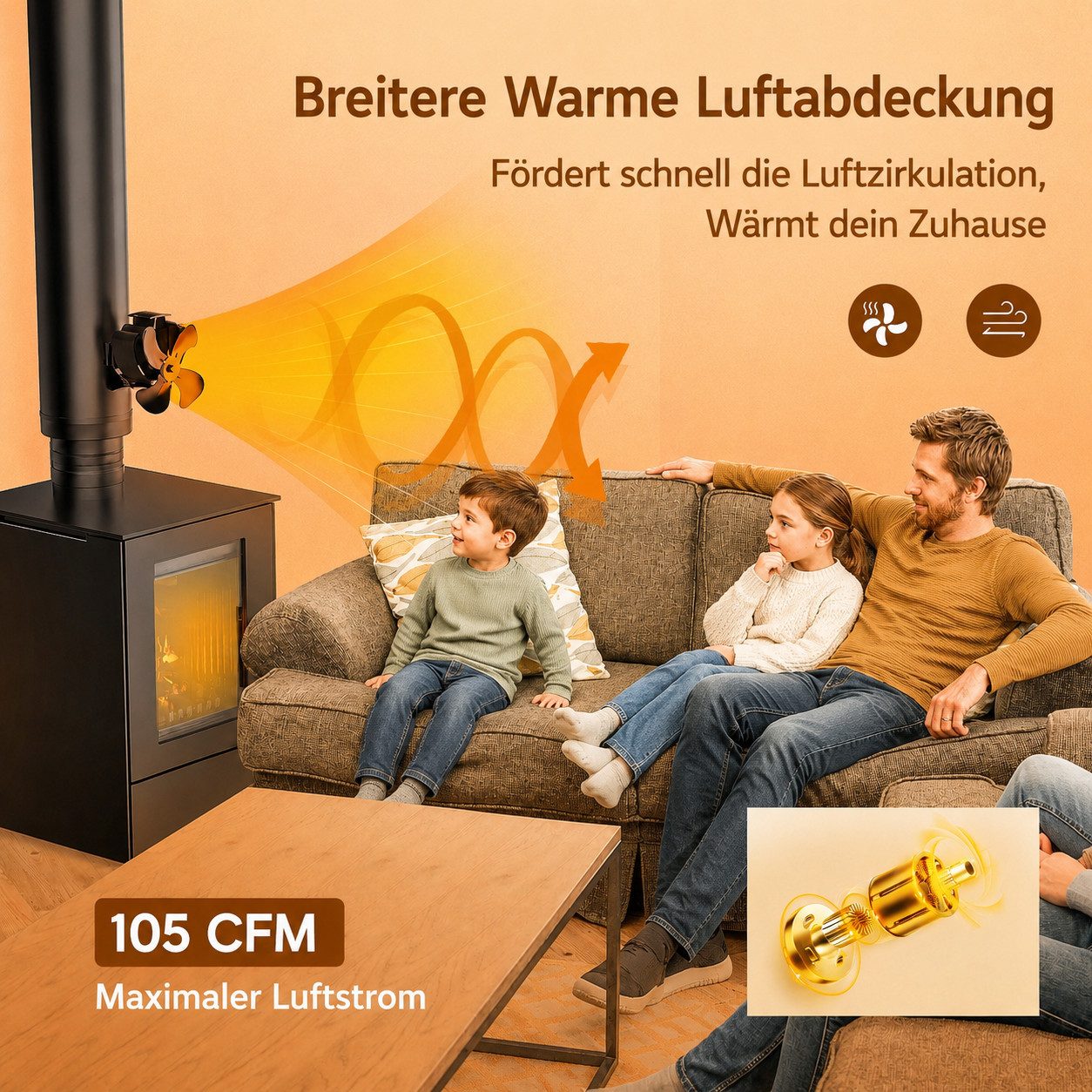 Wootoy Kaminventilator Mini Ofenventilator mit Magnetbefestigung leiser 4-Flügel Heizlüfter, thermoelektrisch 105 CFM für für Kamin Kaminöfen Holzöfen Öfen