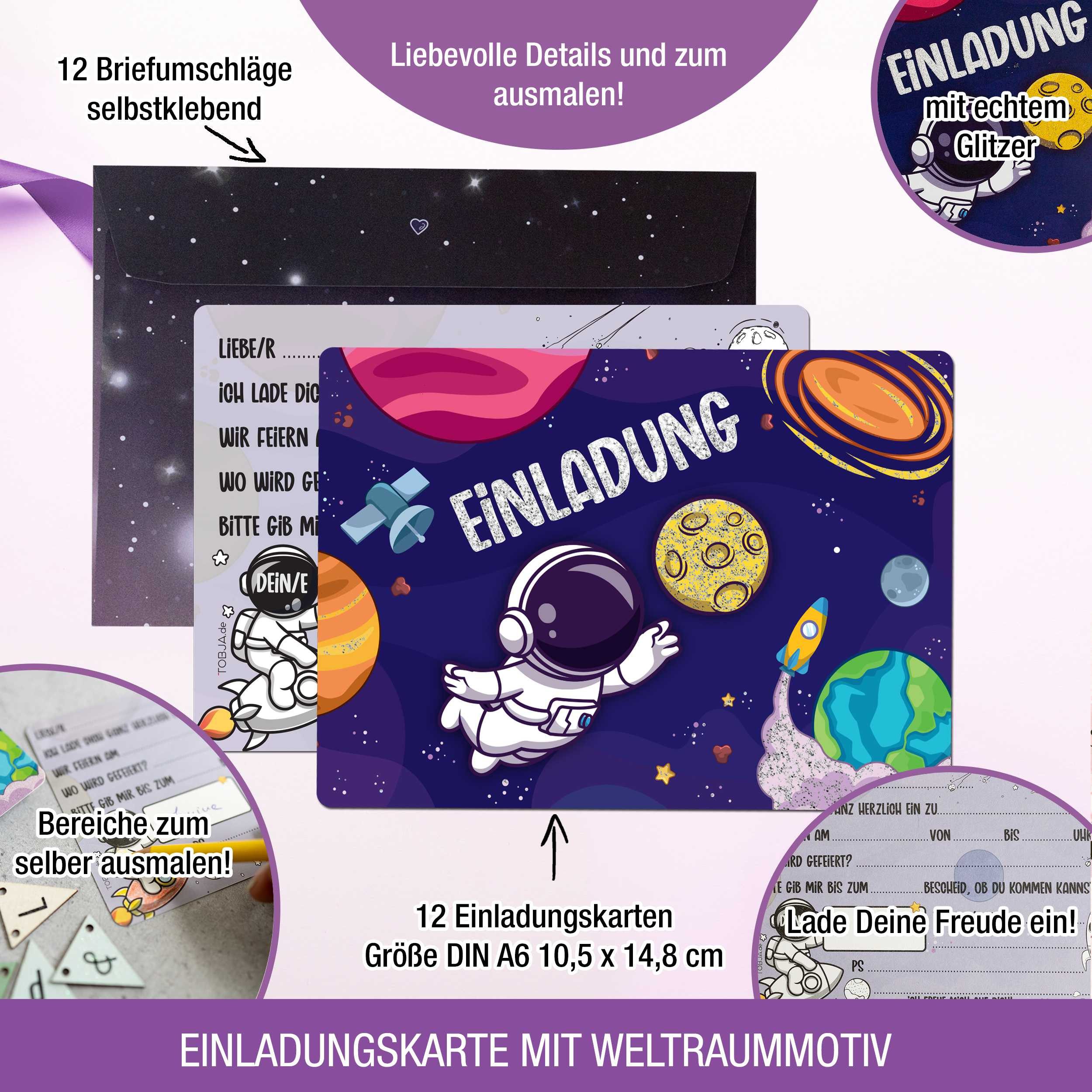 TOBJA Einladungskarten 12 Einladungskarten inkl. Umschläge - Astronauten Party, Partyeinladungen A6 (10,5 x 14,8 cm) Postkarten